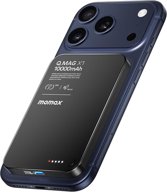 MOMAX Q.MAG Chargeur portable sans fil 10000mAh, 0.5" Pack de batterie magnétique de charge rapide Slim Power Bank pour iPhone Air/17 Pro Max/17 Pro/16/15/14/13/12 (1*Port USBC PD20W, Pas d'éclairage)