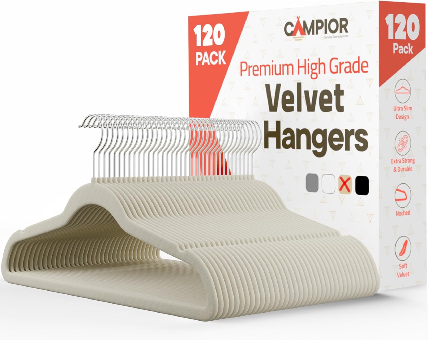 Ivory Velvet Hangers 120 Pack  360 Swivel Hook, Non-Slip and Space Saving Hangers, Heavy-Duty 11 lbs Weight Capacity - Smooth Velvet Finish for Crease-Free Clothes and Effortless Closet Organization