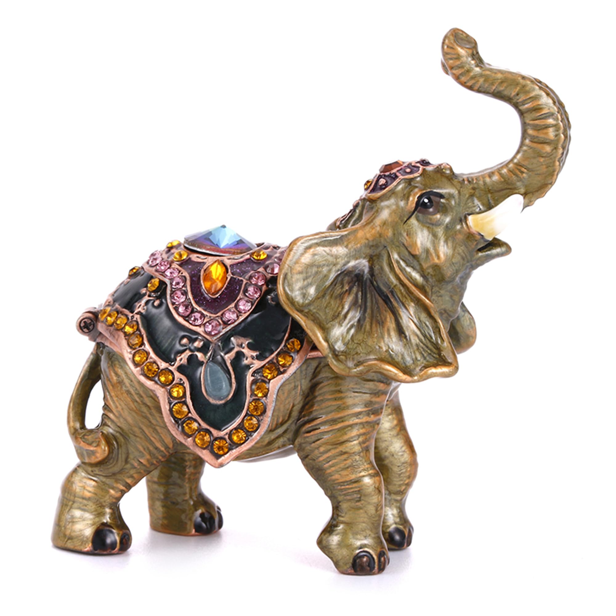 Vie jeune Hand Painted Enameled Lucky Elephant Trinket Box, Hinged Unique Mini Ring Necklace Jewelry Organizer, Classical Bejeweled Storage, Figurine Collectible Keepsake Home Decor (Elephant-1)