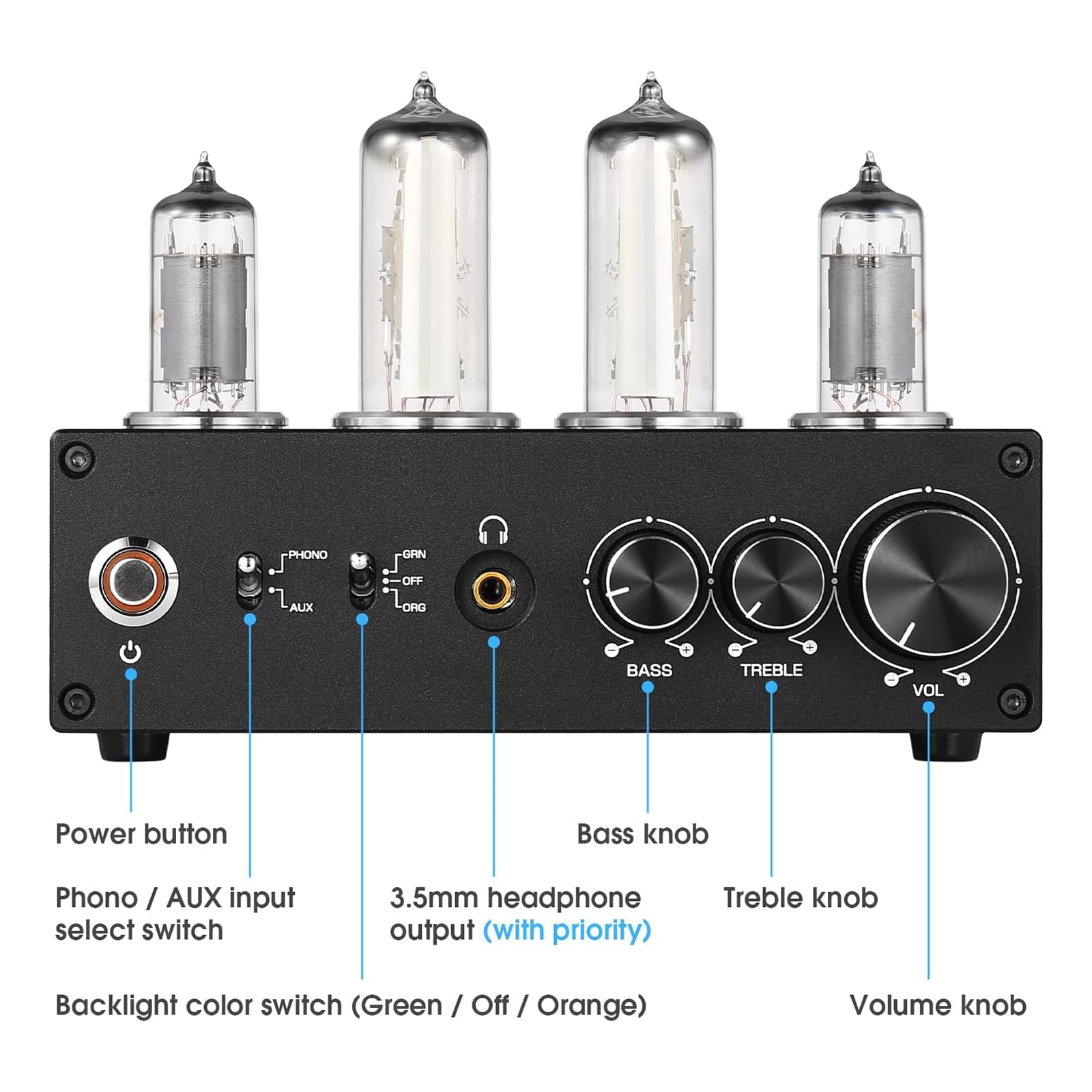 Preamplificatore Phono a Valvole, Preamplificatore per Giradischi/Lettore MM, con Gain Gear, Manopola di Controllo del Volume, Uscita Stereo L/R/RCA/Jack da 3,5 Mm