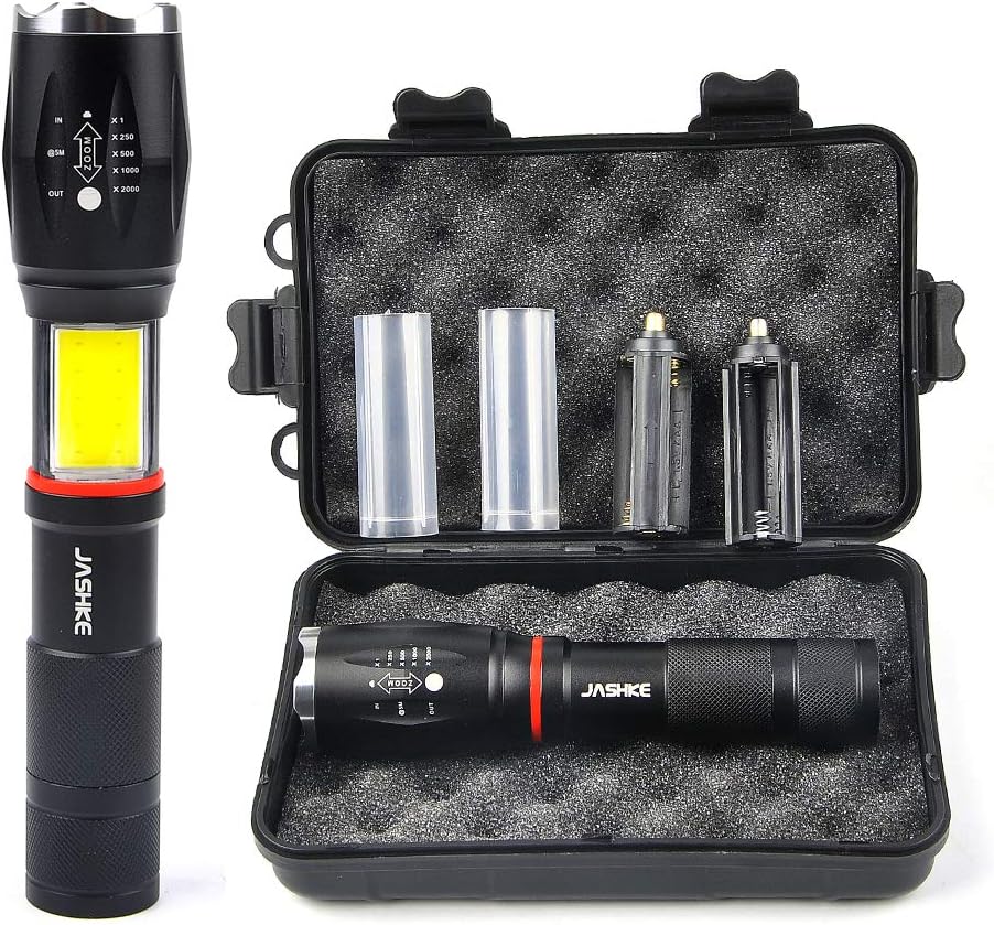 LED Torch 6 Modes Standard Torches Tacktical Flashlight Torches Super Bright Focus Pocket Torch Zoomable Hidden COB Lighting for Camping Cycling Running Dog Walking and More Outdoor (2pcs)