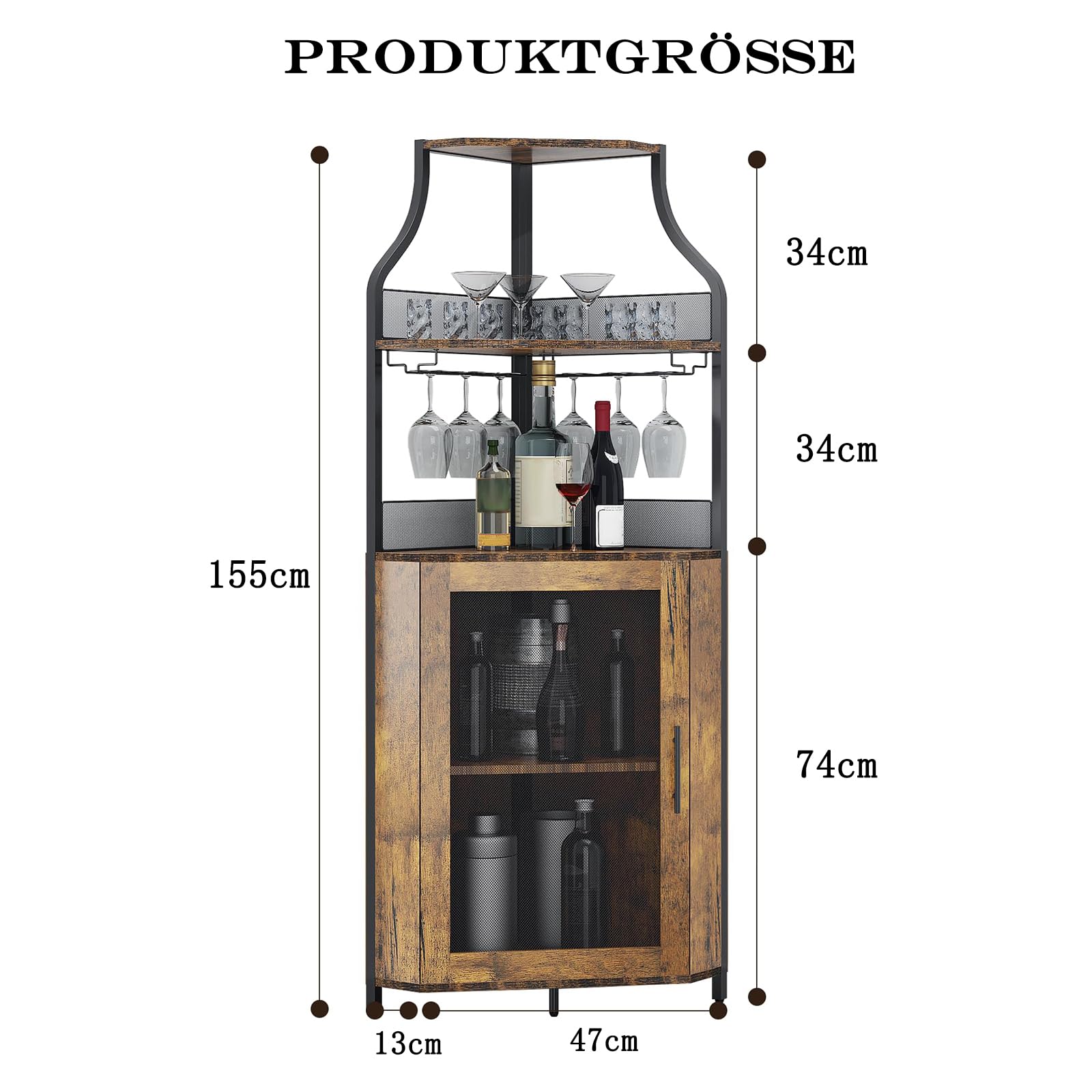 Litake Eckbar-Kommode, Flaschenregal Mit Verstellbaren Regalen, 5-Schichten Landhausweinkommode Mit Verschließbarem Tür Und Verstellbaren Füßen Für Esszimmer, Wohnzimmer, Küche, Rustikaler Braun