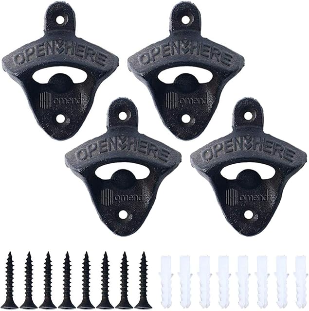 DasMorine Cast Iron Wall Mounted Bottle Openers, Mounting Hardware Included, Vintage Rustic Bar(Wood Block is not Included) (4 Pack)
