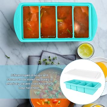2 Pack Ice Tray, 30x13cm Silicone Large Lake Green Lid Freezer Moulds | Cube, 4 Compartment, Soup Freezer Container Food Containers, Ice Cube Moulds, for Meal Prep Storing Soups Sauces