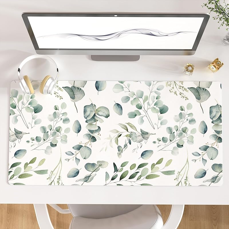 Leather Large Mouse Pad, Office Desk Mat, 31.5"x15.7", Eucalyptus Leaves | Desk Décor Accessories, Extended Size, Waterproof & Easy to Clean, Smooth Surface, Non Slip Desk Organization