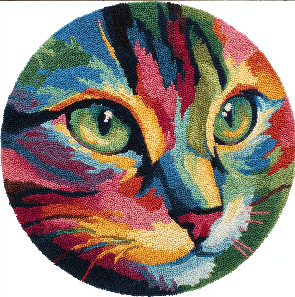 kitphoenix Round Shape Latch Hook Kits Rug Cat 20X20Inch (50X50Cm) DIY Cushion Rug Carpet Making Crochet Hook Kits Preprinted Pattern Canvas Cushion Arylic Yarn Hooking Kits Mat Kits