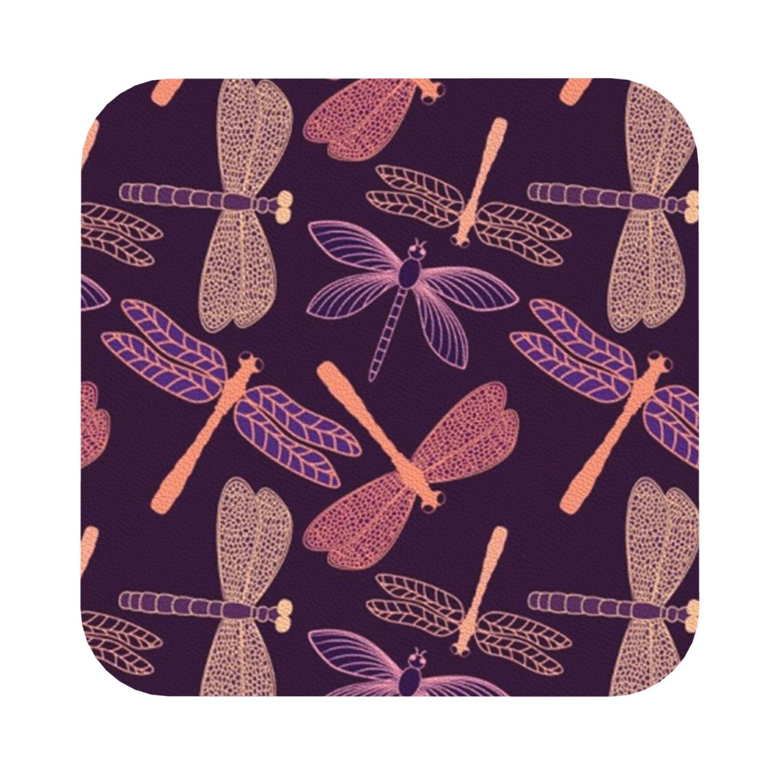 purple dragonfly PU Leather Coasters Set of 6 Square Drink Coasters