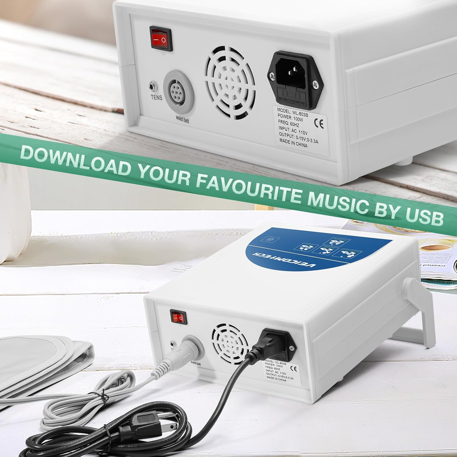 Wara view of the veicomtech Ionic Foot Bath Detox Machine showing the power input, TENS port, and waist belt port.