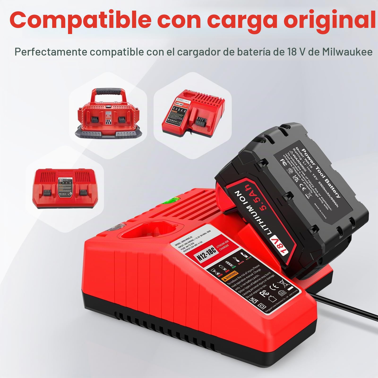 2 baterías de 18 V 5,5 Ah para Milwaukee, batería de ion de litio de repuesto para Milwaukee M18 Batería compatible con Milwaukee M18B XC 48-11-1815 48-11-1820 48-11-1850 2601 2610 2611 2620