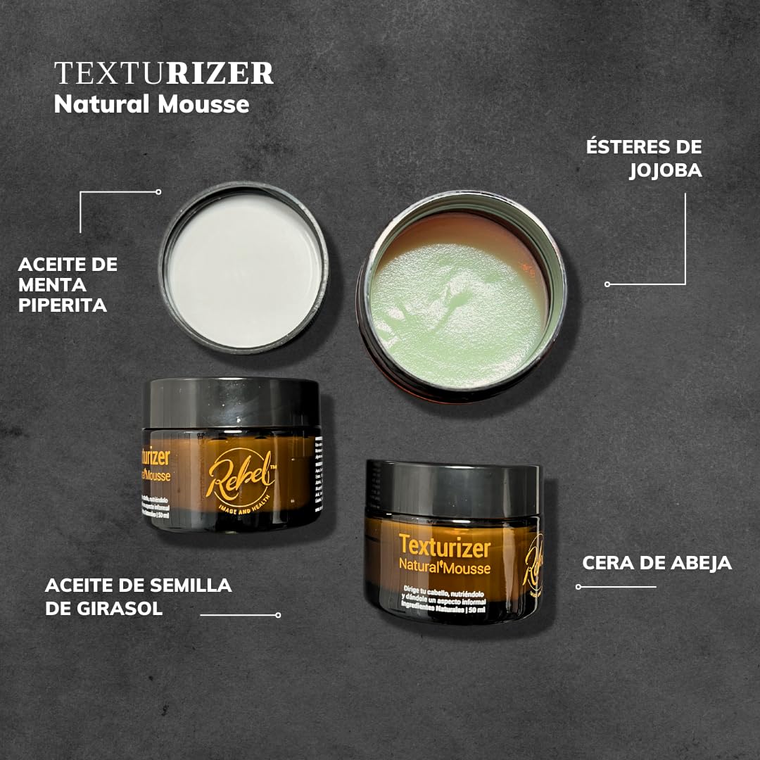 REBEL Texturizer Natural Mousse textura - Cera pelo fijación profesional - Larga Duración - 100 ml/50 ml- Cuidado Intenso del Cabello - Textura y Densidad - Efecto y Acabado Mate