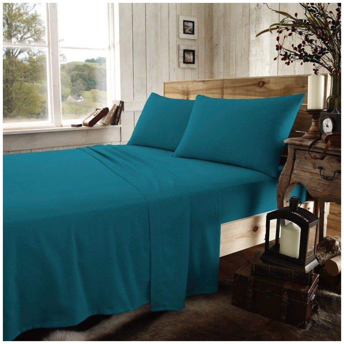 GC GAVENO CAVAILIA Brushed Cotton Fitted Sheet, Plain Bedding Sets, Flannelette Flat Sheets Single With Pillowcase, Teal