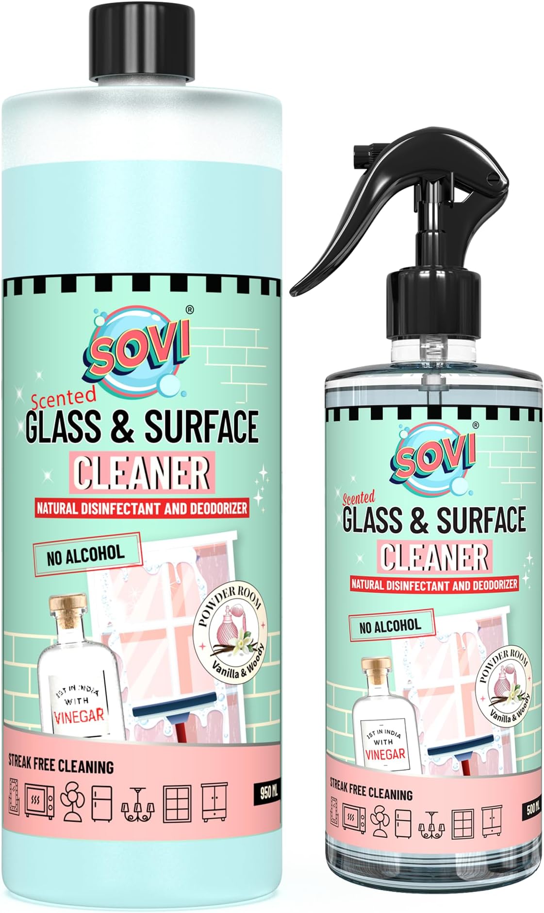 - Glass & Surface Cleaner - Powder Room Fragrance | Alcohol-Free, Vinegar-Powered Formula for Streak-Free Shine|Removes Dust | Safe for Windows, Mirrors & All Surfaces | 500ml + 950ml (Pack of 2)