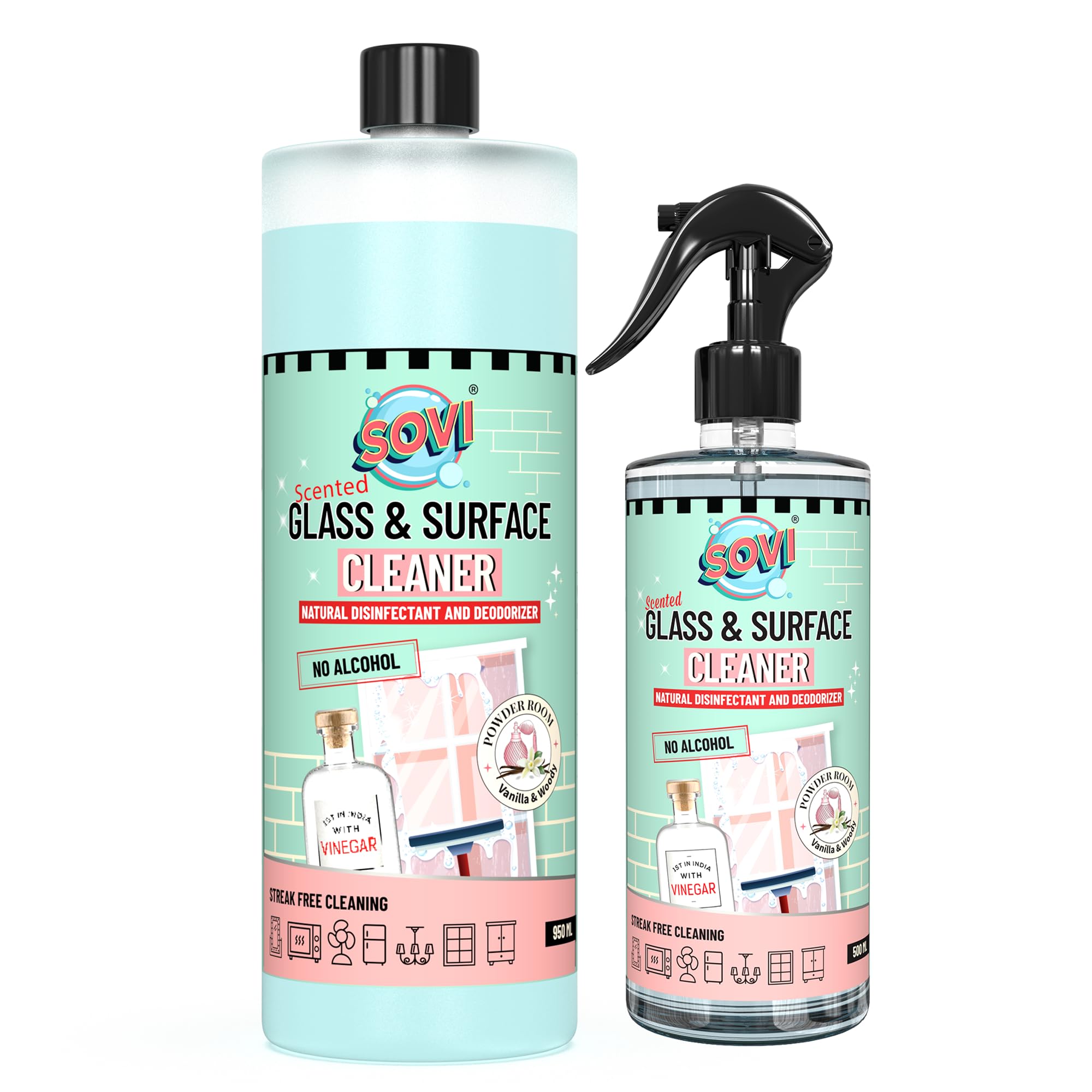 SOVI Glass & Surface Cleaner - Sugar Cookie Fragrance | Alcohol-Free, Vinegar-Powered Formula for Streak-Free Shine|Removes Dust | Safe for Windows, Mirrors & All Surfaces | 500ml + 950ml (Pack of 2)