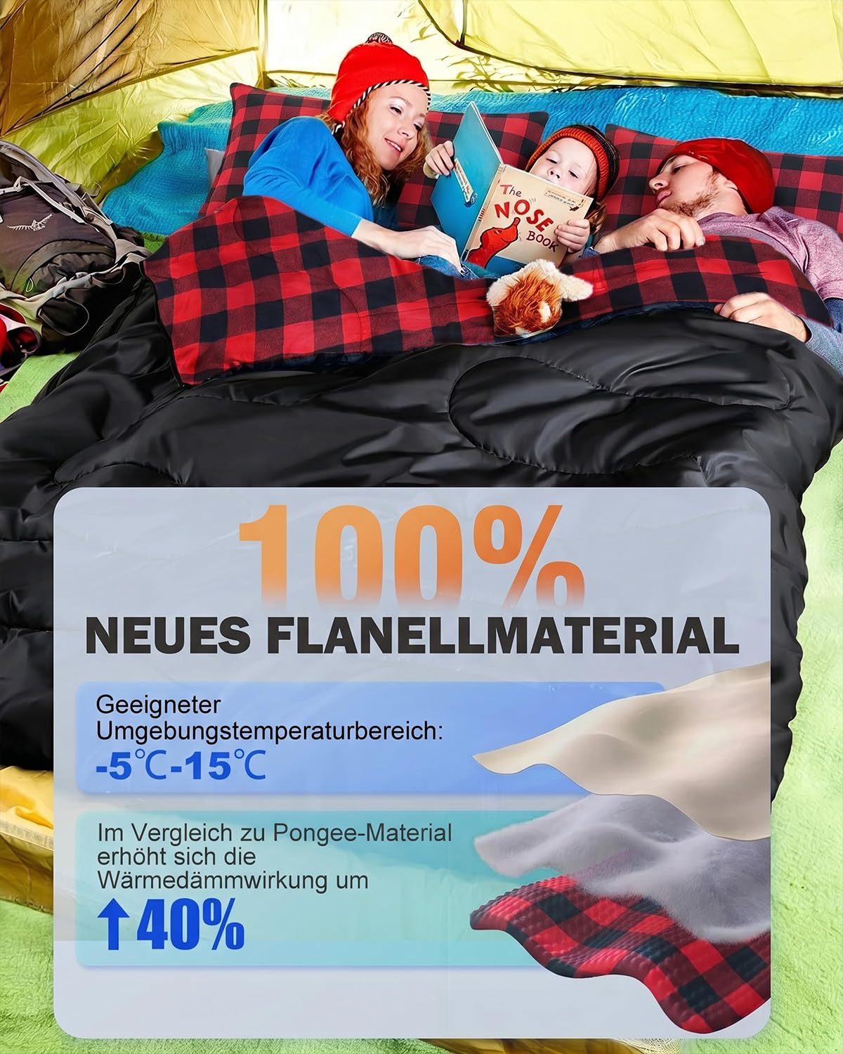 Gigoteuse double en flanelle pour 2 personnes - 220 x 160 cm - Double fermeture éclair améliorée - Avec 2 oreillers et sac de transport - Sac de couchage pour adulte - Pour la famille