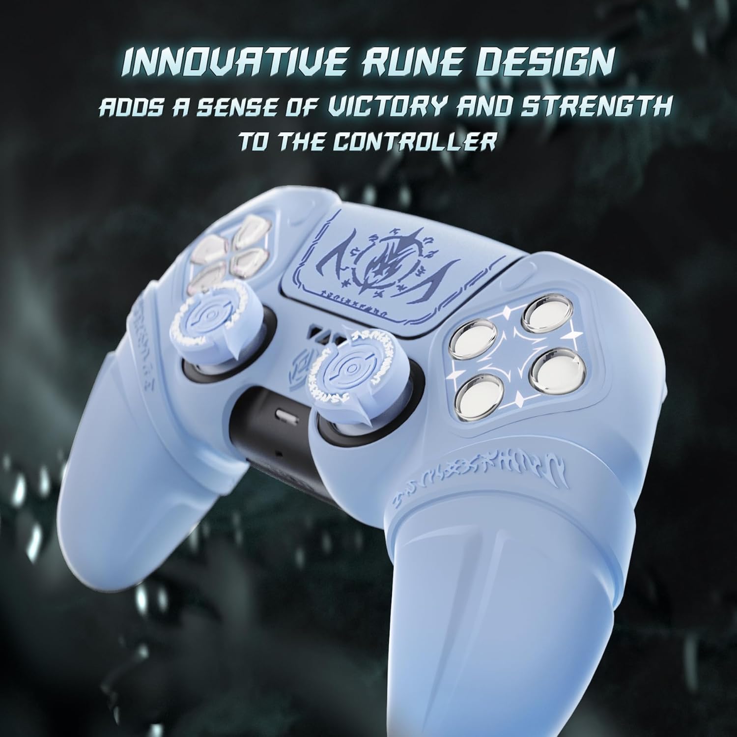 PlayVital Runes Edition Silicone Cover Skin for ps5 Controller with Thumb Grips & Touchpad Skin & D-pad Area Sticker, Anti-slip Controller Grip Cover Compatible with ps5 Charging Dock- Blue - Image 6