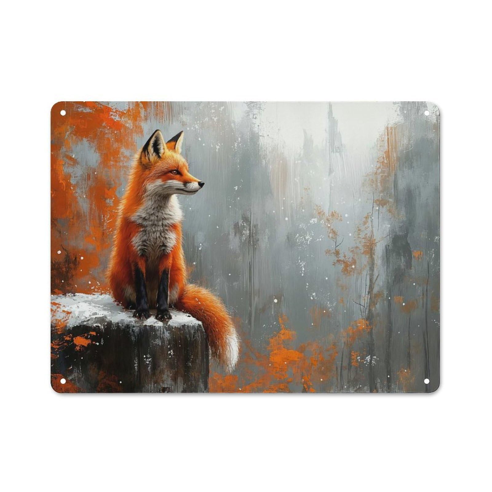 Junmoney Style-11 Fox In Winter Forest Painting Decorative Metal Plaque 30X40cm, Shop Front Style Bistro Wall Plaque For Tea Room, Shop Wall Or Breakfast Area