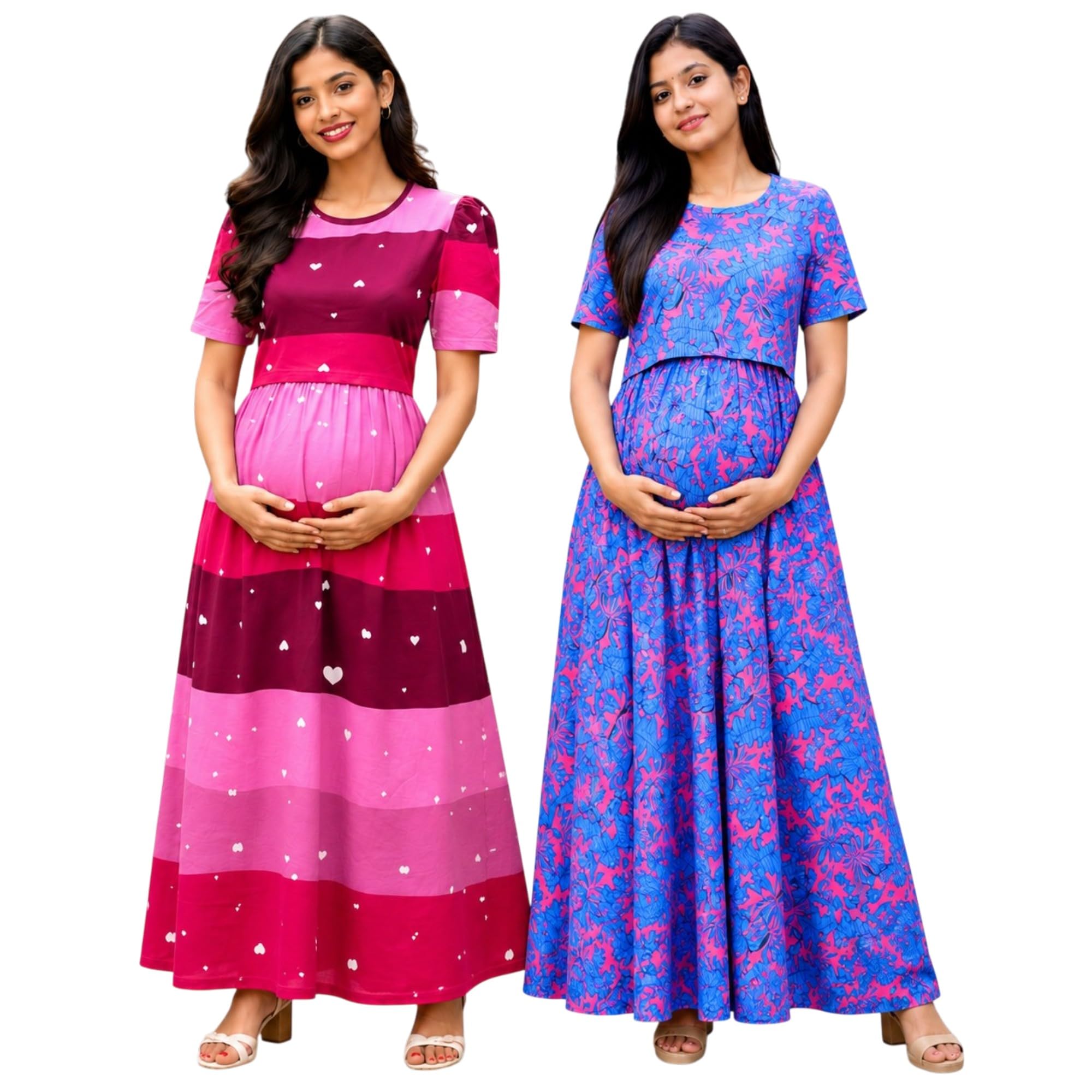 RENIS.Store Women's 100% Cotton Zipless Feeding Maternity Nighty Pack of 2 | Pull Up Nursing Night Dress, Feeding Wear Back Tie with Side Pocket | Pink Color & Blue/Pink | Size - L-image-24