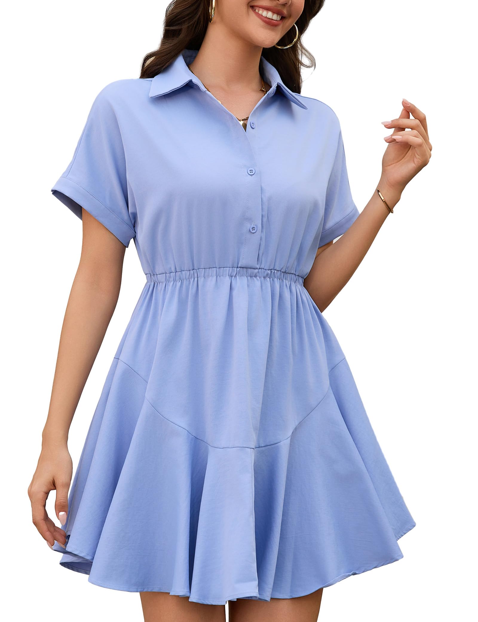 Beluring Blusenkleid Damen Sommer Kurzarm Minikleid V-Ausschnitt Knopfleiste Tunika Kleider mit Taschen