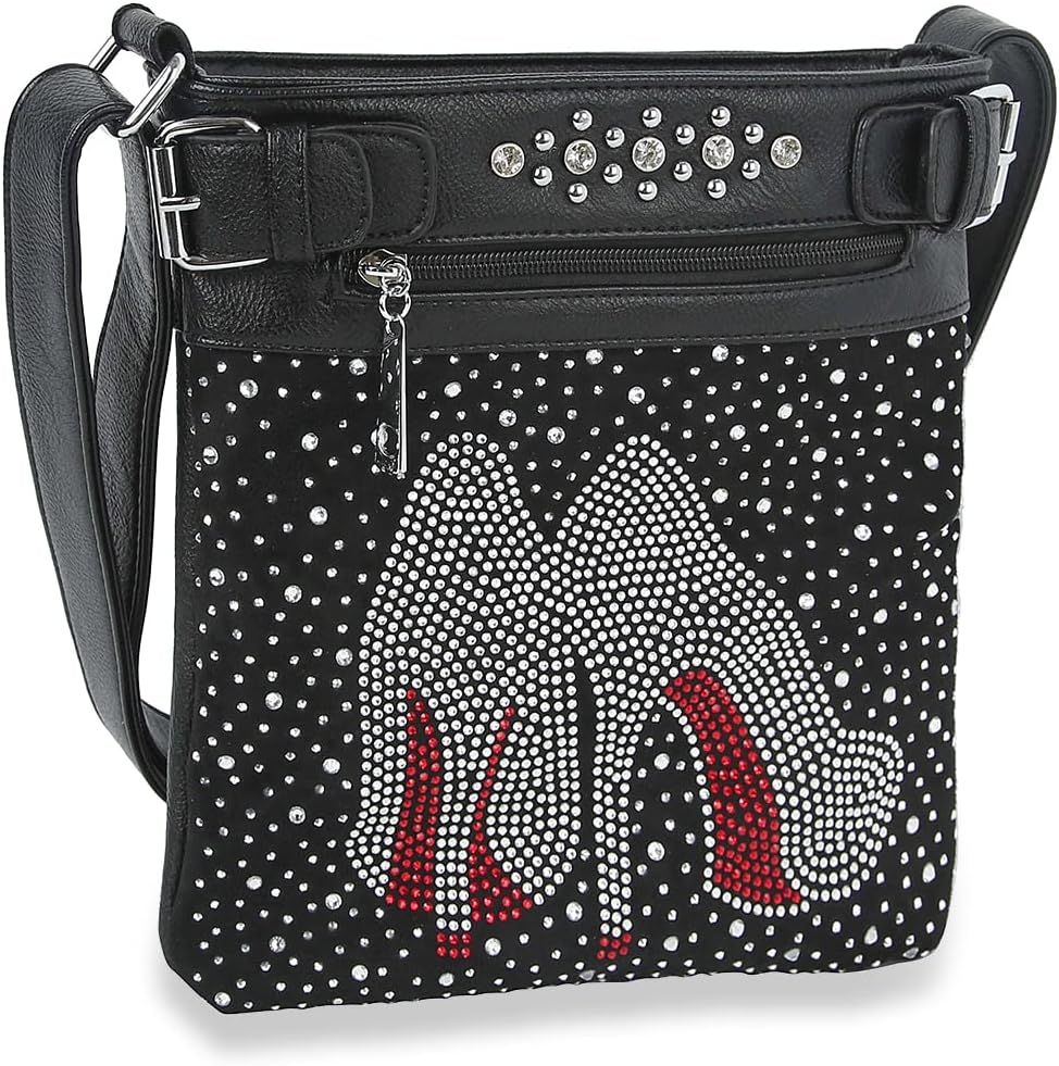 HANDBAG EXPRESS Rhinestone Bling Crossbody Messenger Bag Evening Party Purse Multi Desgin (Black High Heels-2353)