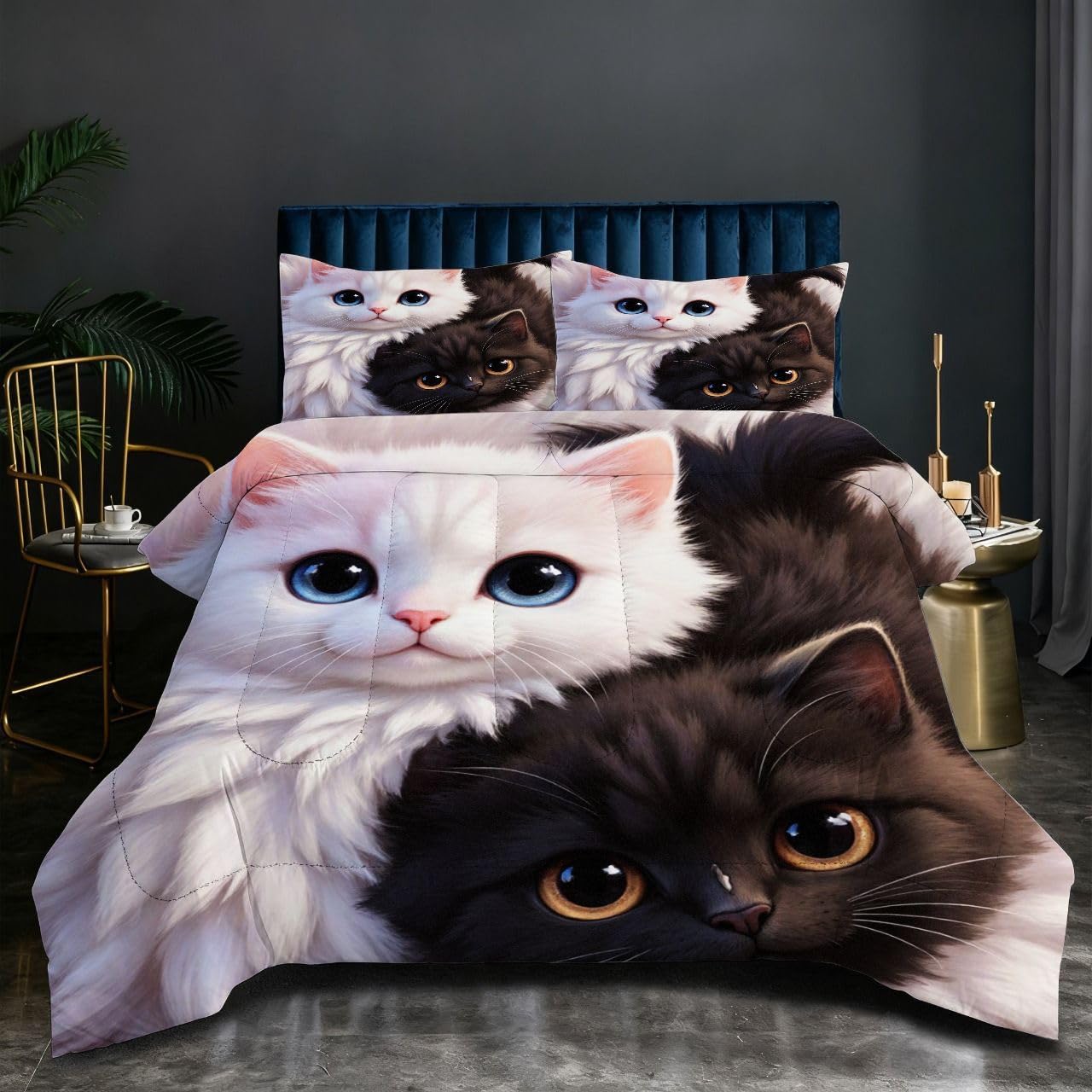 Ensemble Lit Complet 160x200 cm Chat Noir et Blanc, Housse en Microfibre Imprimée et Duvet Coton 4 Saisons, Comprend 2 Taies, Excellence et Qualité Supérieure, Chaud et Respirant N126