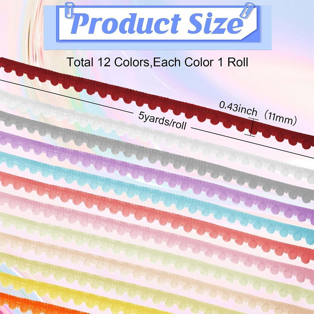 GLOBLELAND 60 Yards 12 Colors Mini Pom Pom Fringe Rickrack Trims for Curtain Carpet Lace Clothes Pillow Decoration Pompom Trimming Ribbon DIY Craft Sewing Tassel Decoration