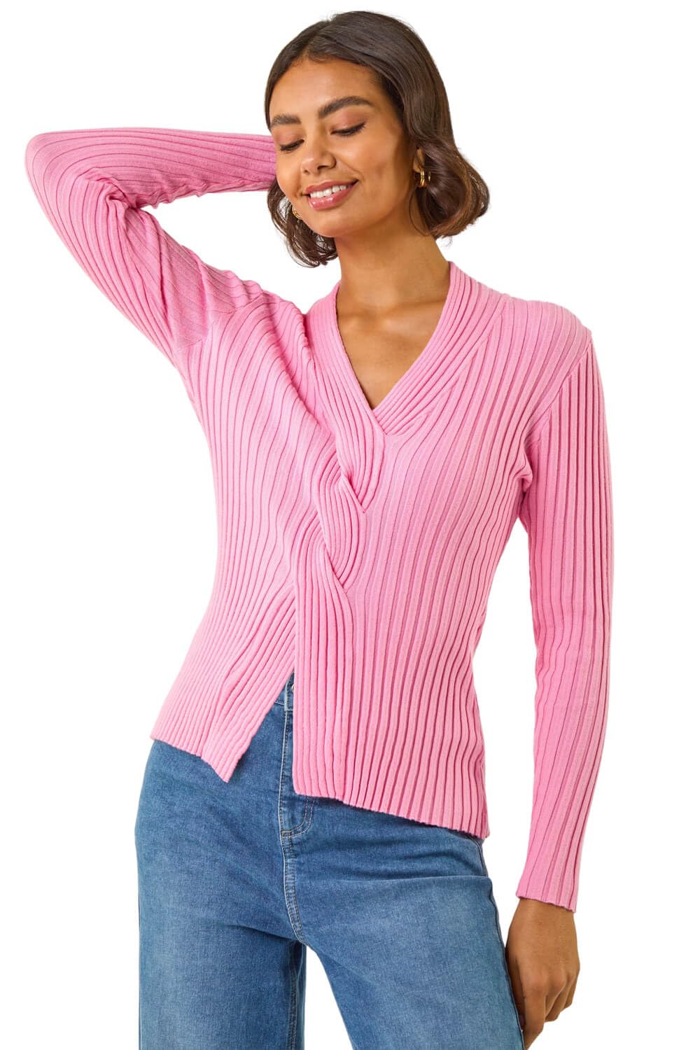Roman Originals Cable Split Detail Rib Jumper for Women UK - Ladies Everyday Autumn Winter V-Neckline Comfy Soft Evening Vacation Work Party Night Out - Pink - Size 14
