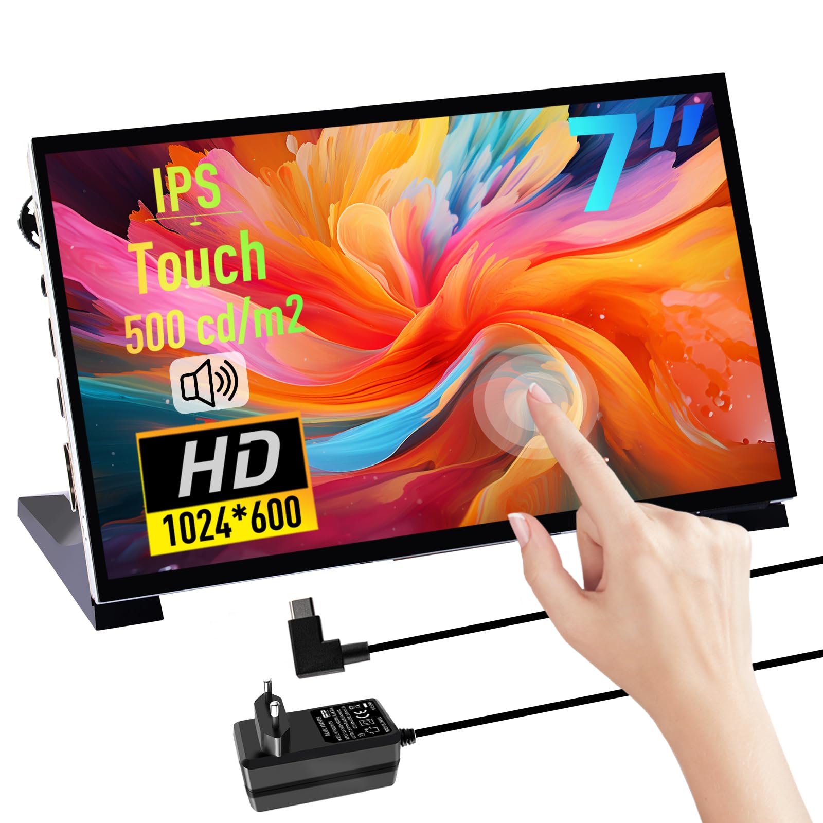 GeeekPi Pantalla Táctil Capacitiva de 7 Pulgadas para Raspberry Pi, Monitor HDMI IPS 1024X600 con Altavoz Dual, Compatible con Raspberry Pi 5/4B/3B+/3B/B+, con Orificios de Montaje