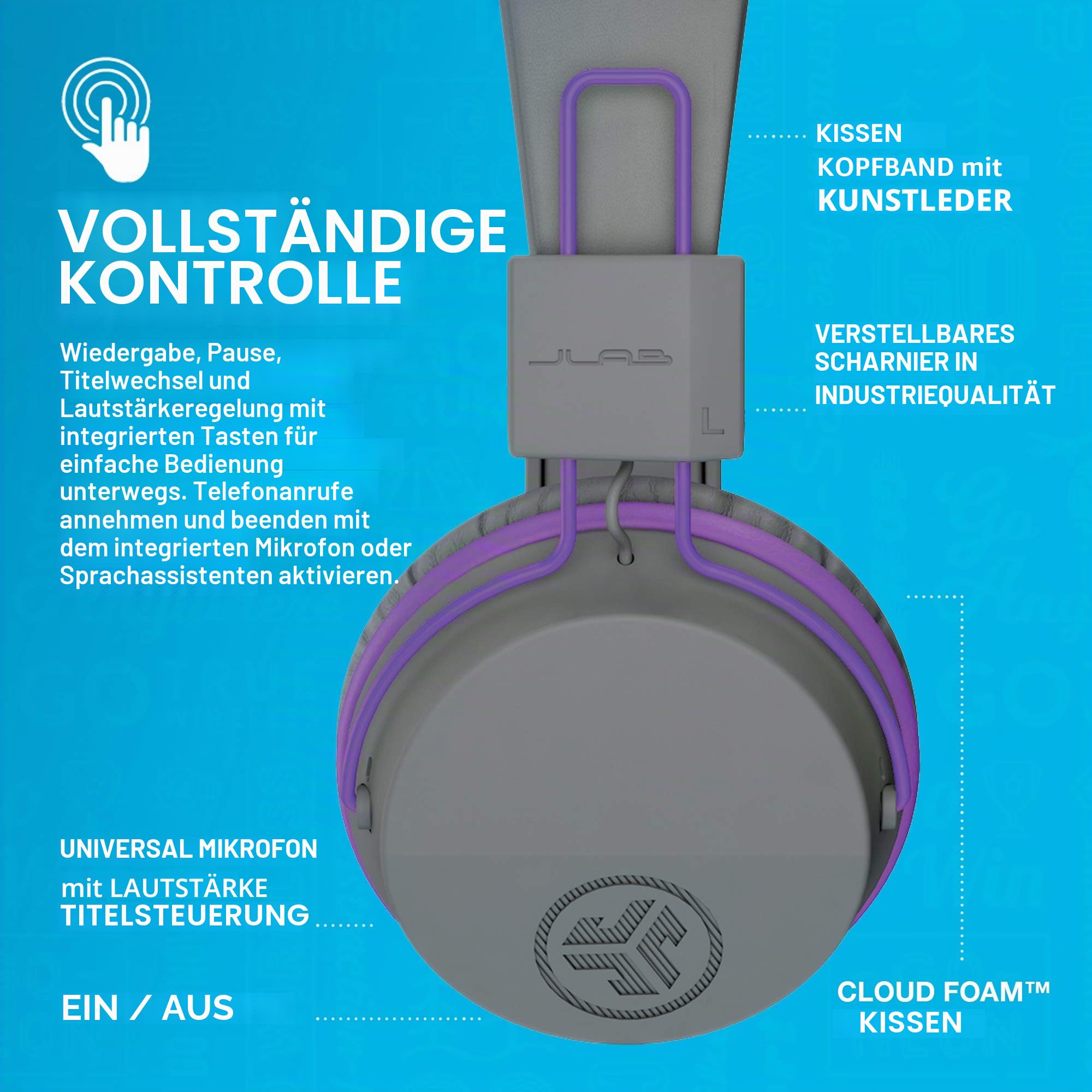 JLab Bluetooth Kopfhörer Kinder, JBuddies kopfhörer kabellos, Over Ear Kinder Kopfhörer mit mikrofon, 24 Std Akkulaufzeit, Kid Safe Lautstärkebegrenzung, und Geräuschisolierung, Grau/Lila