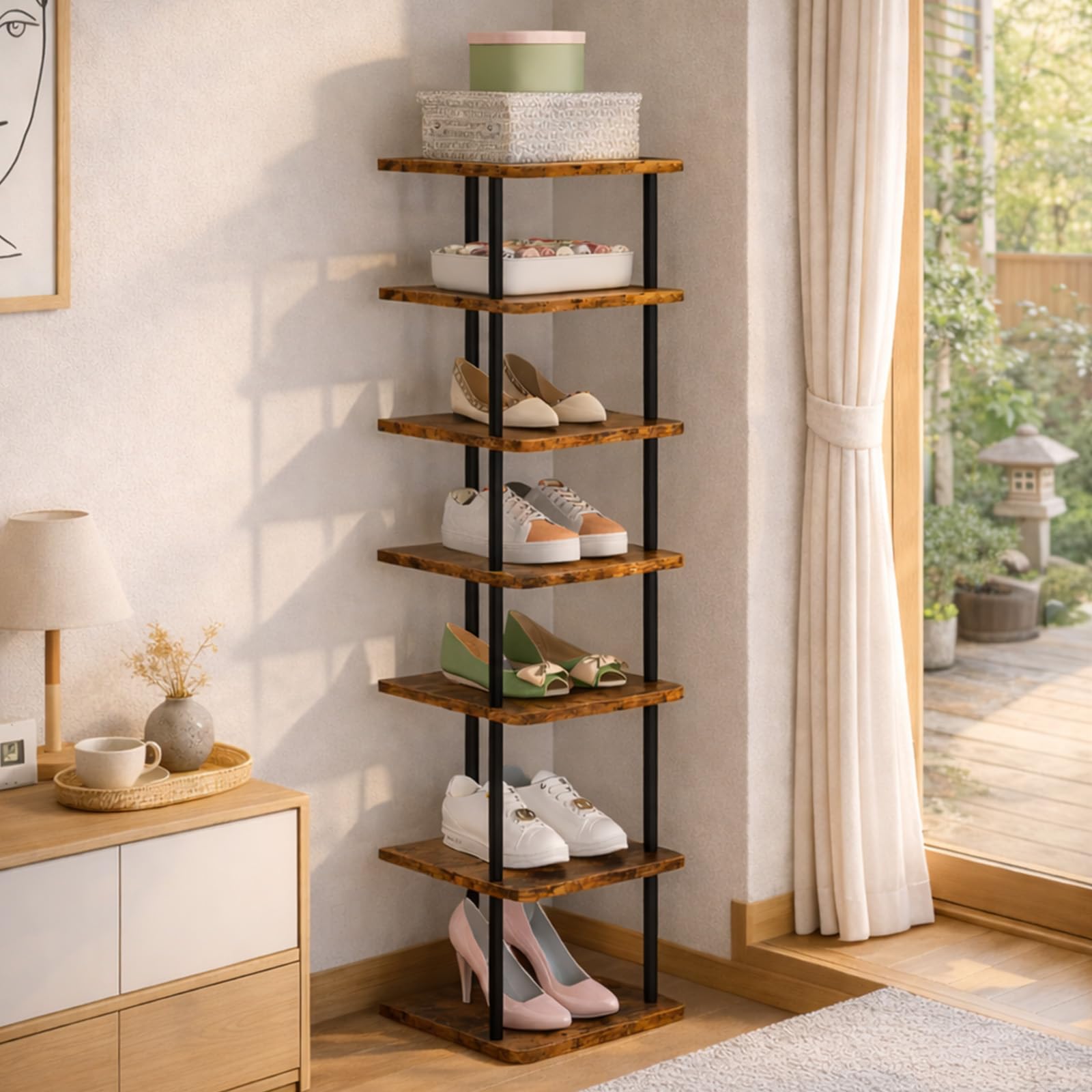 【アップグレード版】スリム シューズラック 7段 棚 オープンシェルフ 収納ラック スリム 隙間収納 木製棚板 スチール 大容量 玄関収納 収納家具 組み立て式 省スペース コンパクト 靴収納 靴棚 ショートブーツ収納 靴箱 下駄箱 靴入れ 組立簡単 おしゃれ 幅28×奥行28×高さ106cm