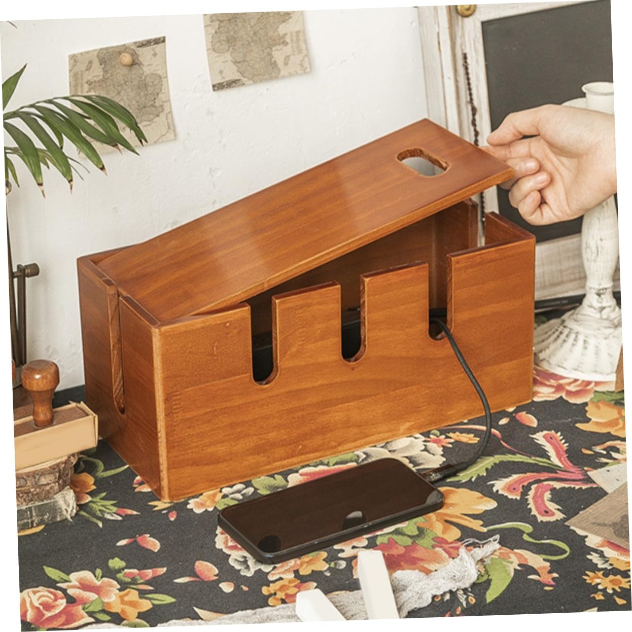 SHINEOFI Caja Organizadora para Cables y Cargadores De Madera Resistente 12x5.5x5.3 Pulgadas Superficie Lisa para Gestión En Escritorio Oficina