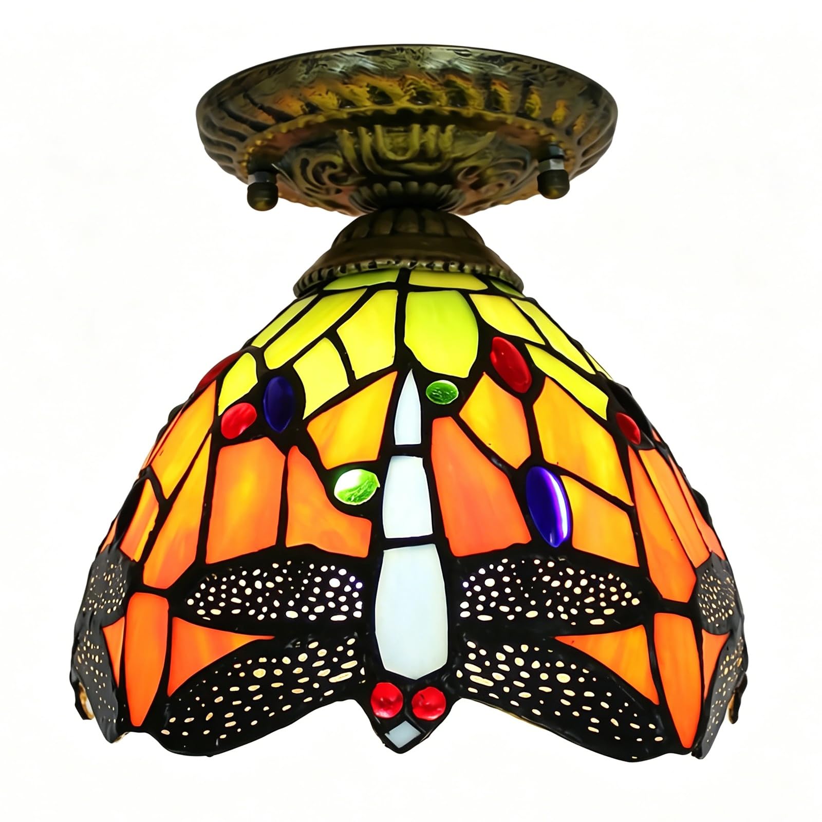 WDBZTJ Tiffany Style Mini Ceiling Light Flush Mount, 8 inch Stained Glass Hallway Ceiling Lamp, E27 Bulb, Vintage LED Chandeliers for Living Room Bedroom(E2)