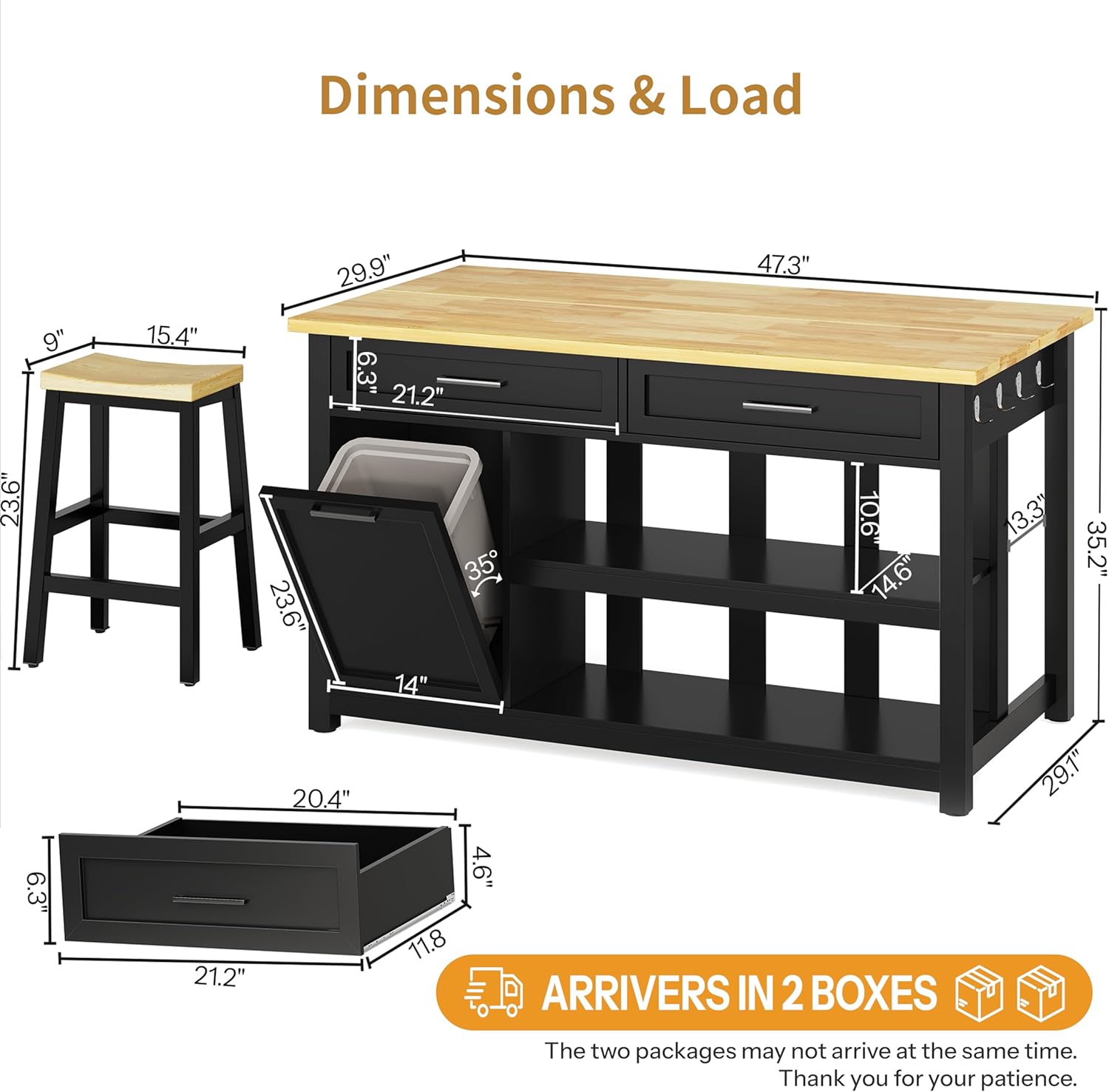 Kitchen Island with Storage and Seating Include 2 Bar Stools, 47" Solid Rubberwood Top Kitchen Island with Trash Can Storage, Power Outlet, 2 Drawers & Open Shelves Cabinet, Dining Table for 2, Black