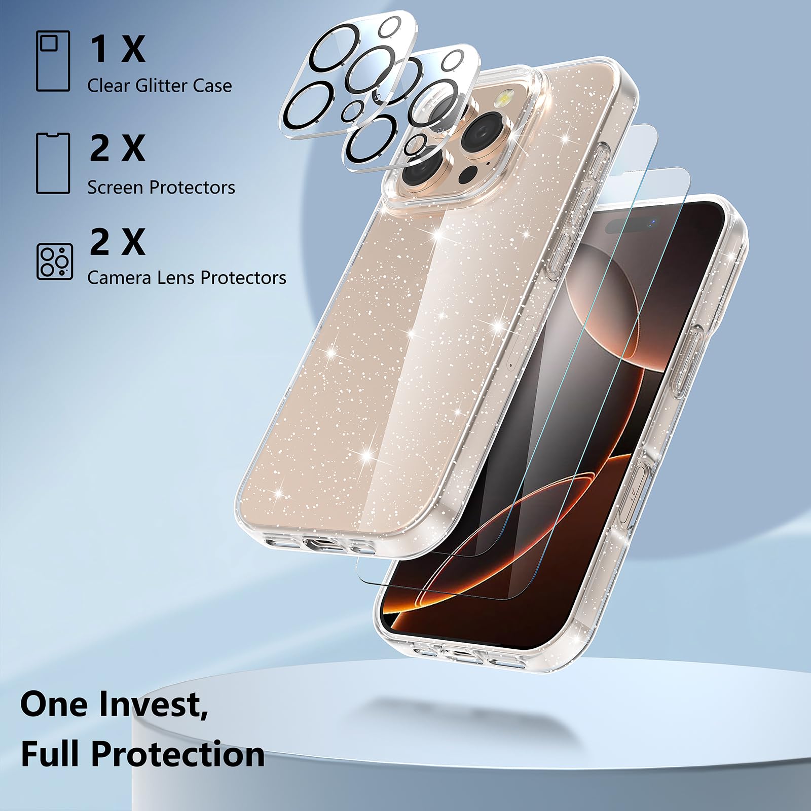 YIRSUR Compatible with iPhone 16 Pro 6.3 Inch Glitter Clear Case with 2X Screen Protector with 2X Camera Lens Protector - Image 3