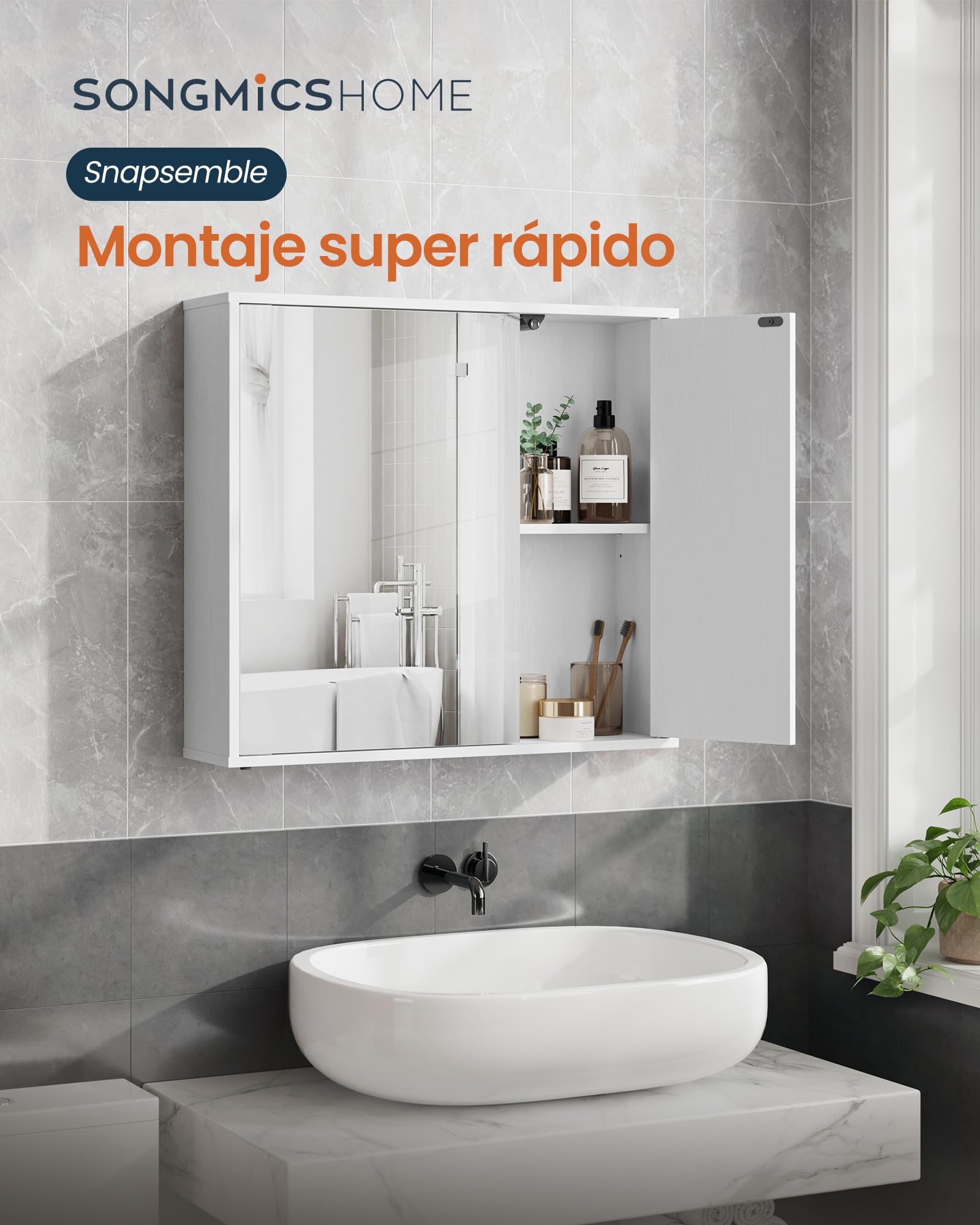 SONGMICS Home Armario de Baño con Espejo, Montaje Súper Rápido Sin Herramientas Toolless, Espejo con Compartimento, Estantes Ajustables y Puertas, Moderno, 15 x 60 x 55 cm, Blanco Nieve BBC114WE01