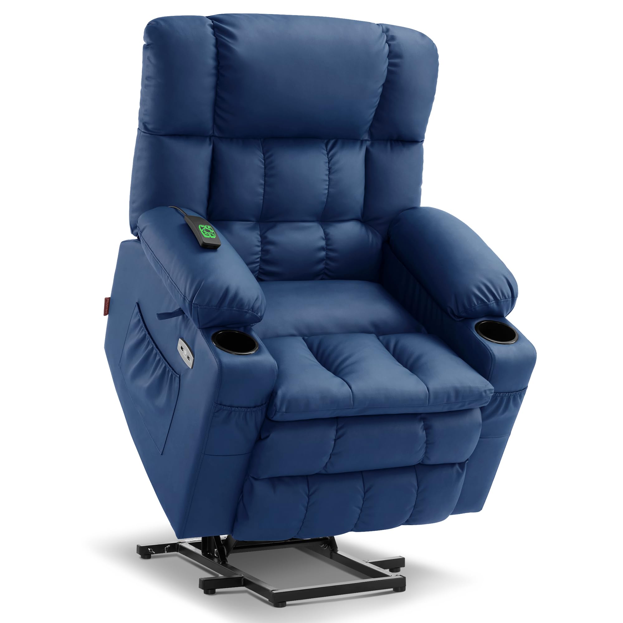 MCombo Dual Motor Power Lift Recliner Chair for Elderly, Lay Flat Lift Chair with Heat and Massage, Cup Holders, USB Ports, Faux Leather 7890 (Blue, Medium)