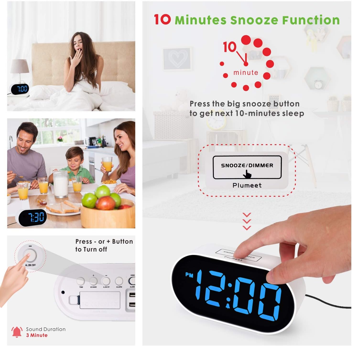 Plumeet LED Alarm Clocks Digital Clock with Dimmer and Snooze - 2 Level Alarm Volume Optional - Large Digit Display Bedside Clocks with USB Port Phone Charger - Simple Operation (Baby Blue)