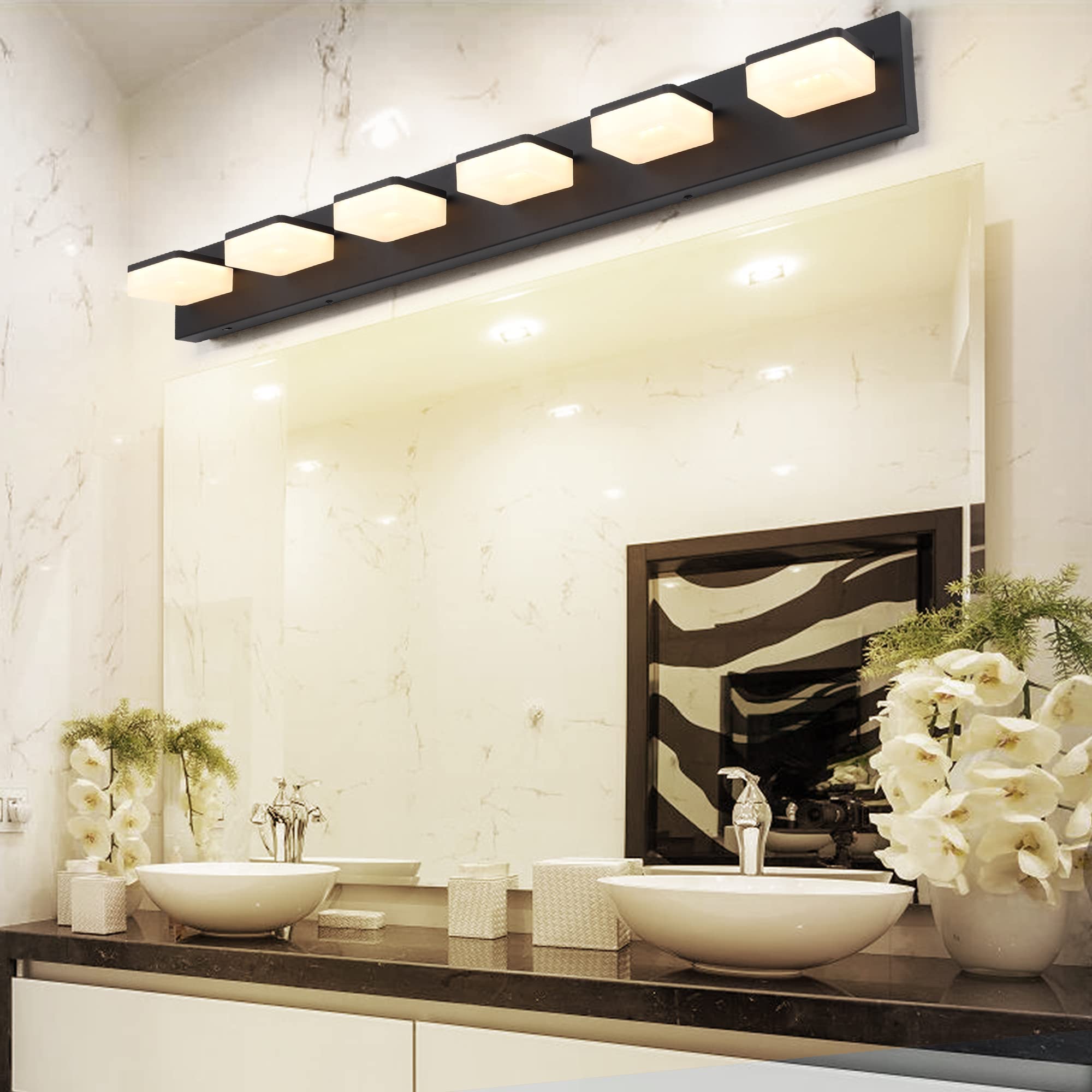 GOODATE Dimmbare Badezimmer-Leuchte über Spiegel, LED-Schminktischleuchten, Acryl, Edelstahl, 6 Leuchten, verstellbar, 3000 K/4000 K/6000 K, 360° drehbar