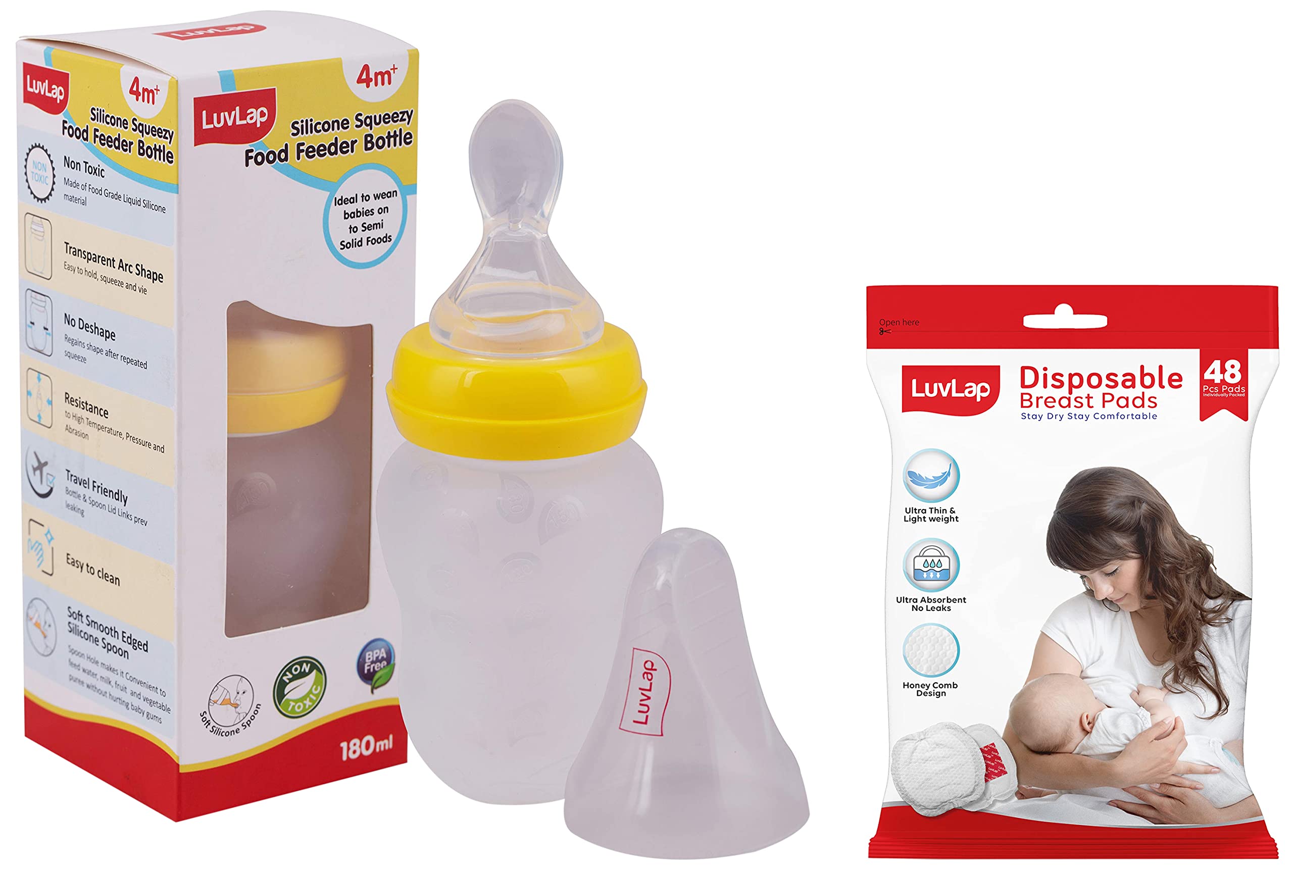 LuvLap Feeding Spoon with Squeezy Food Grade Silicone Feeder Bottle, for Infant Baby, 180ml, BPA Free & Ultra Thin Honeycomb Nursing Breast Pads, 48pcs, Disposable, High Absorbent, Discreet Fit
