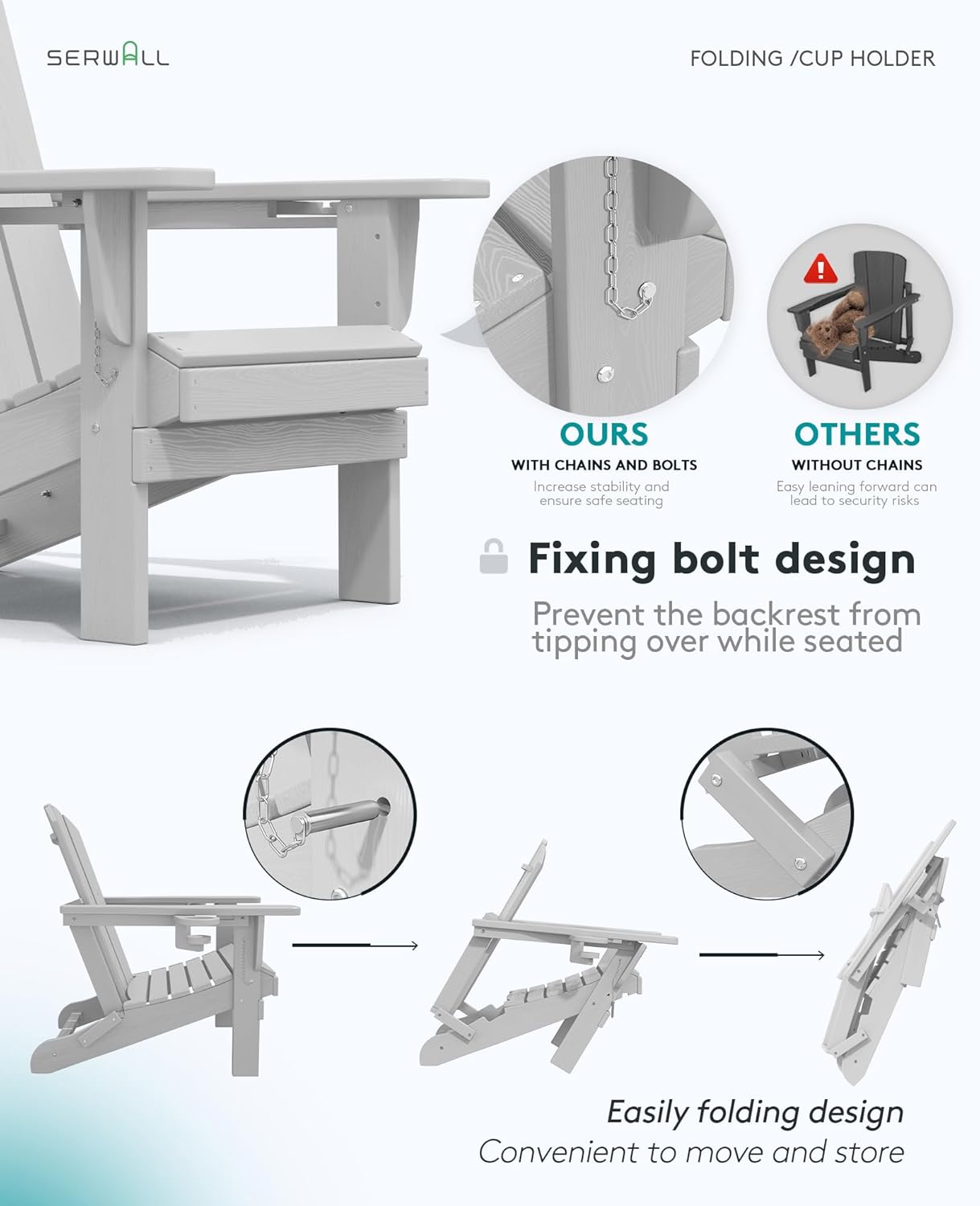 SERWALL Adirondack Chair with Cup Holders - Composite Adirondack Chairs Set of 2 HDPE Outdoor Chairs All Weather Use- Silver Gray