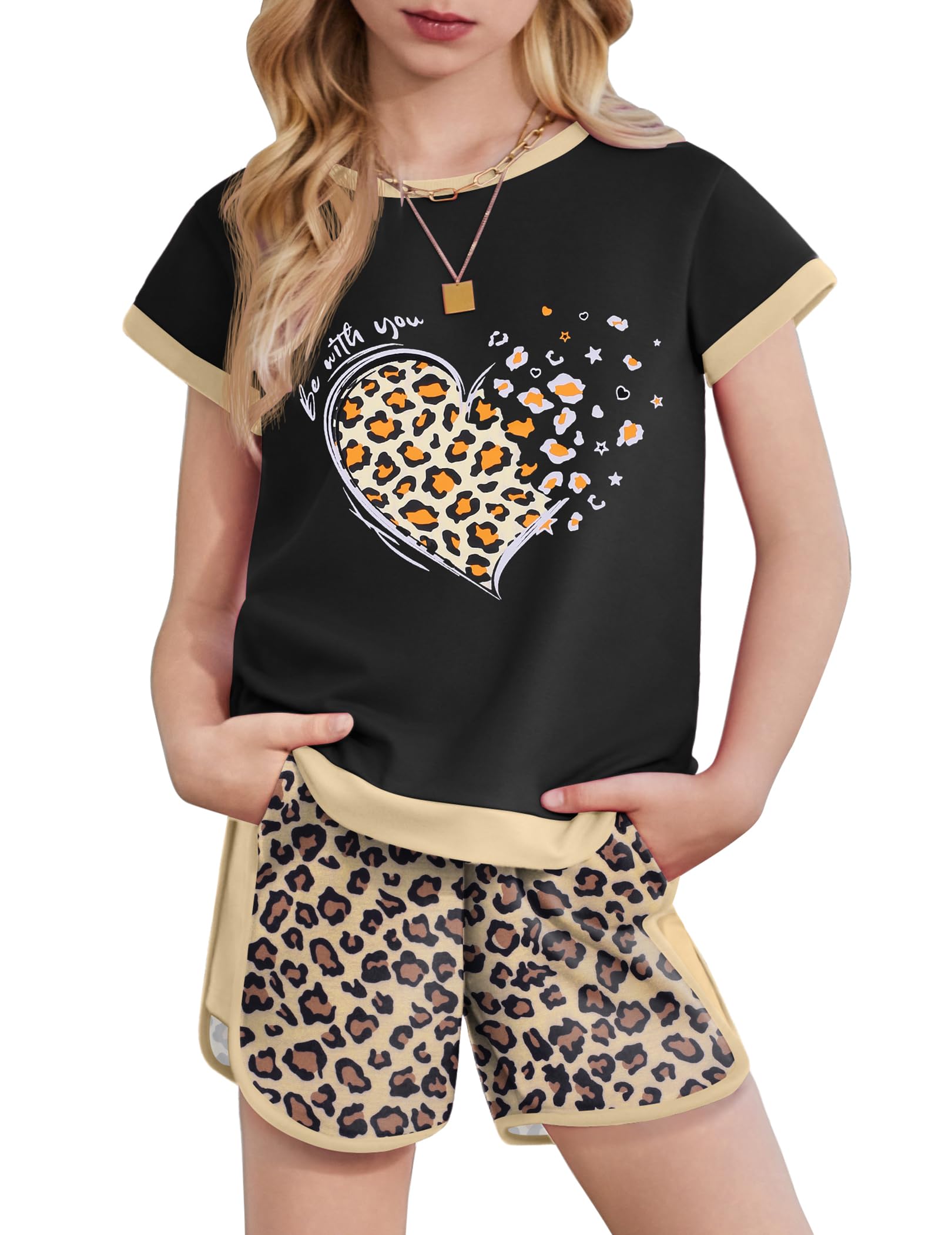Arshiner Girls Summer Outfits 2 Piece Clothes Color Block Drop Shoulder Sleeve Top and Casual Short Sets Activewear