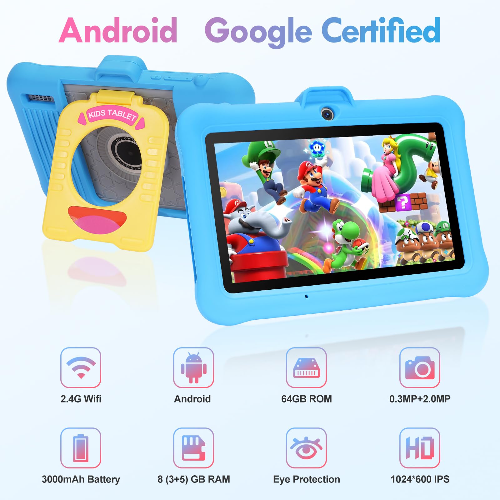 TABTIVI Tablet per bambini 7 pollici Android, 8(3+5) GB RAM, 64GB ROM(TF card 128 GB), Google GMS, App per Bambini Preinstallata, Controllo Parentale, Kids space, WIFI, Custodia antiurto, blu