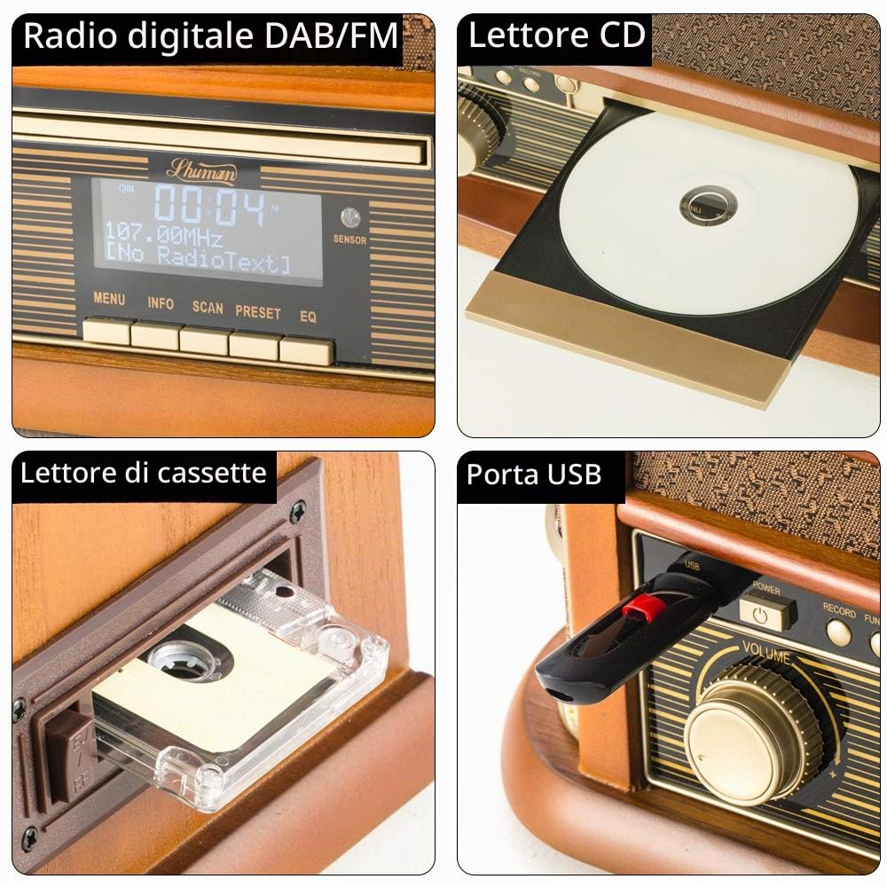 Shuman Vintage Centro Musicale Wireless 9-in-1 con Telecomando, Radio DAB Digitale/FM, Giradischi a 3 Velocità, Lettore CD/Cassetta, Riproduzione/Registrazione USB, Uscita RCA (MC-250DBT)