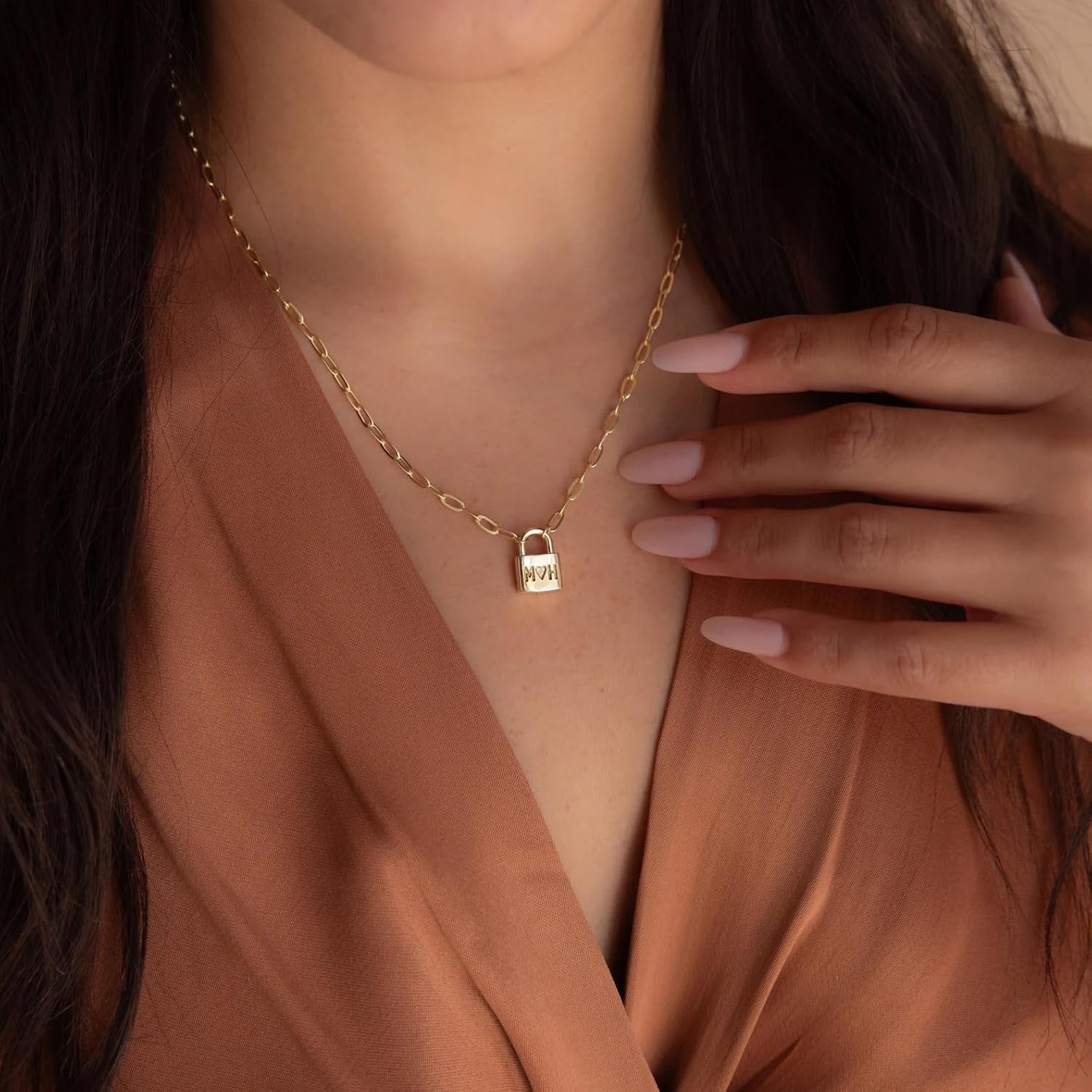 CAITLYNMINIMALIST 18K Gold Plated Sterling Silver Rose Gold Custom Personalized Padlock Lock Engraved Charm Pendant Initial Letter Date Necklace Gift For Him or Her