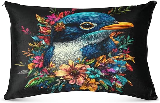 Bluebird Florals Black Pillowcase for Hair and Skin Body Plush Pillow Case Queen Size 20"X 30" Pillowcase with Zipper for Sleeping