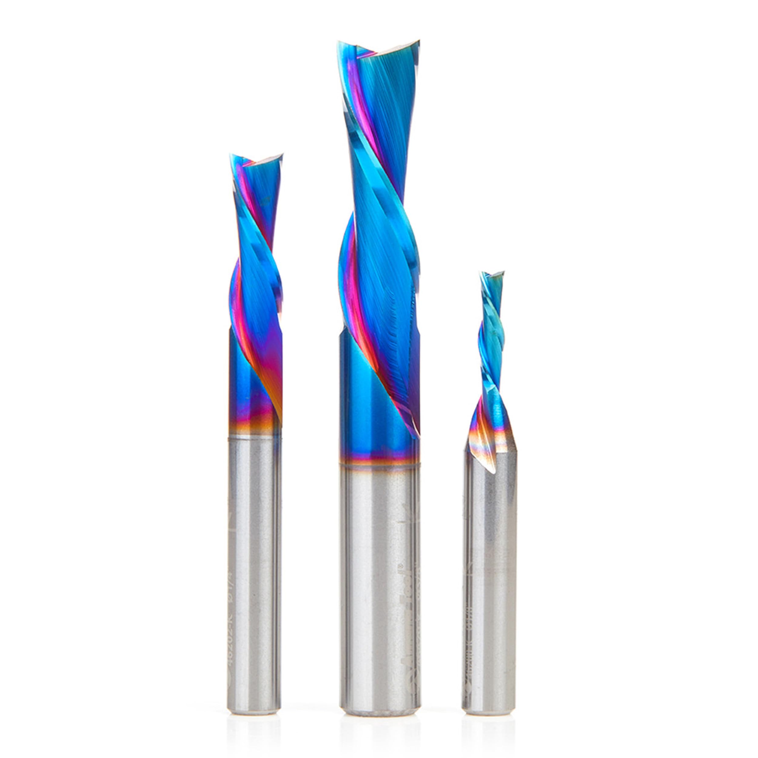 Amana Tool Spektra Extreme Tool Life Coated Solid Carbide Spiral Plunge Down-Cut Router Bit Pack, AMS-238-K 3-Pc, 1/4 and 3/8 Shank