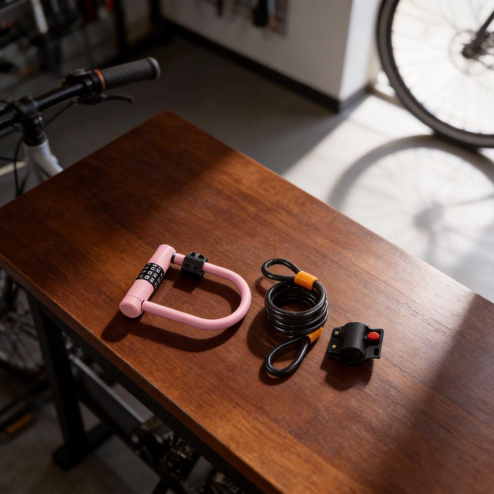 Lucchetto di sicurezza per bici con combinazione a quattro cifre e corpo in lega di acciaio, avvolto in silicone per proteggere il telaio e resistere alle intemperie e alle manomissioni