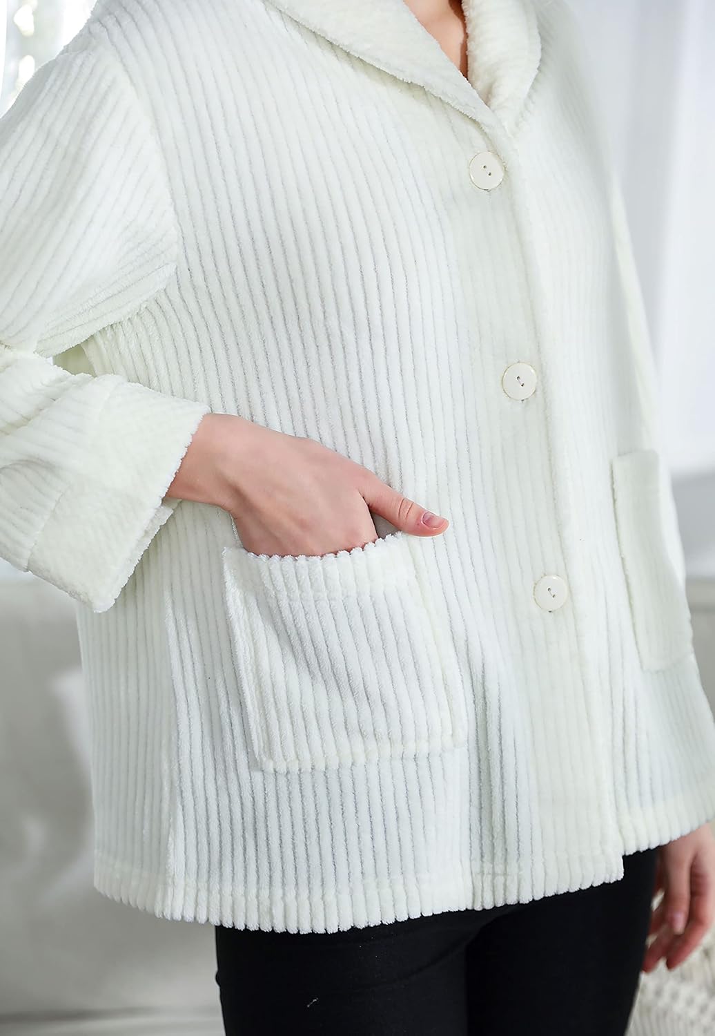 Loungees Women's Drop Needle Coral Fleece Shawl Collar Button Front Bed Jacket - 1X Ivory