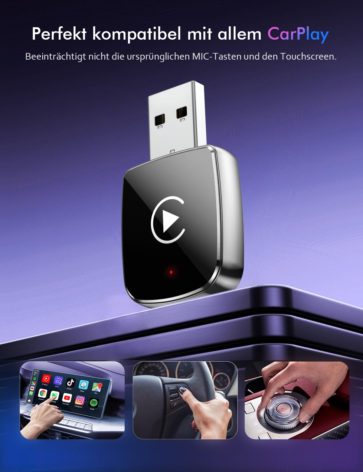Carplay Wireless Adapter, Car Connect Pro Kabelloser, Plug and Play, Car Play Adapter Auto mit Bluetooth 5.4, Stabile Verbindung ohne Verzögerung