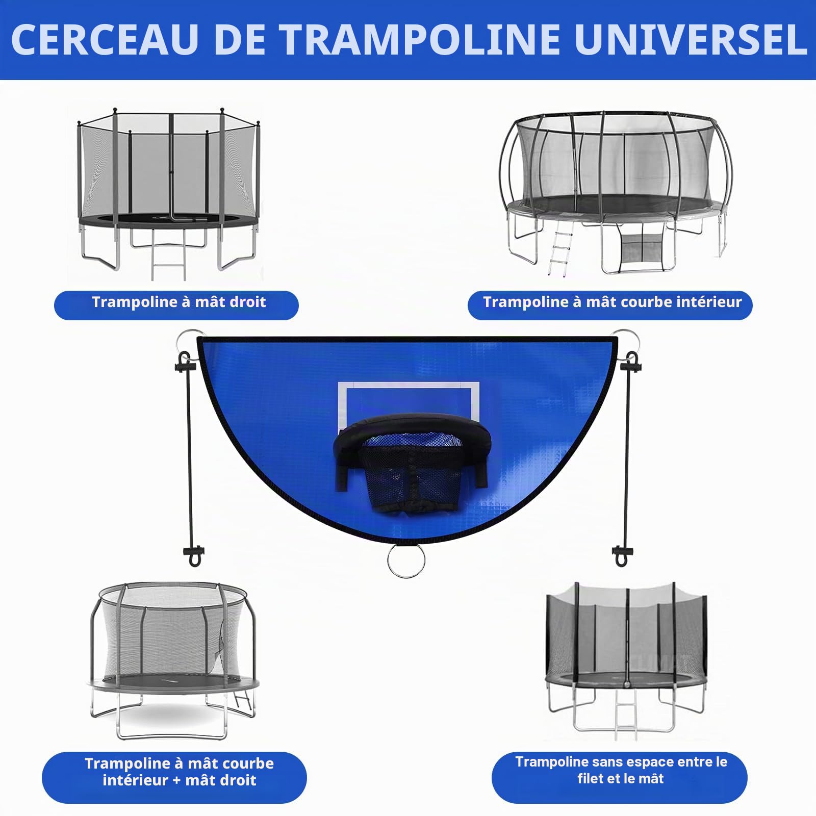 Panier Basket Trampoline, Mini Panier pour Trampoline, Basketball pour Trampoline avec 3 Balles et Pompe, Rechange Filet Panier Amovible Adapté Aux Sports D'Intérieur en Plein Air