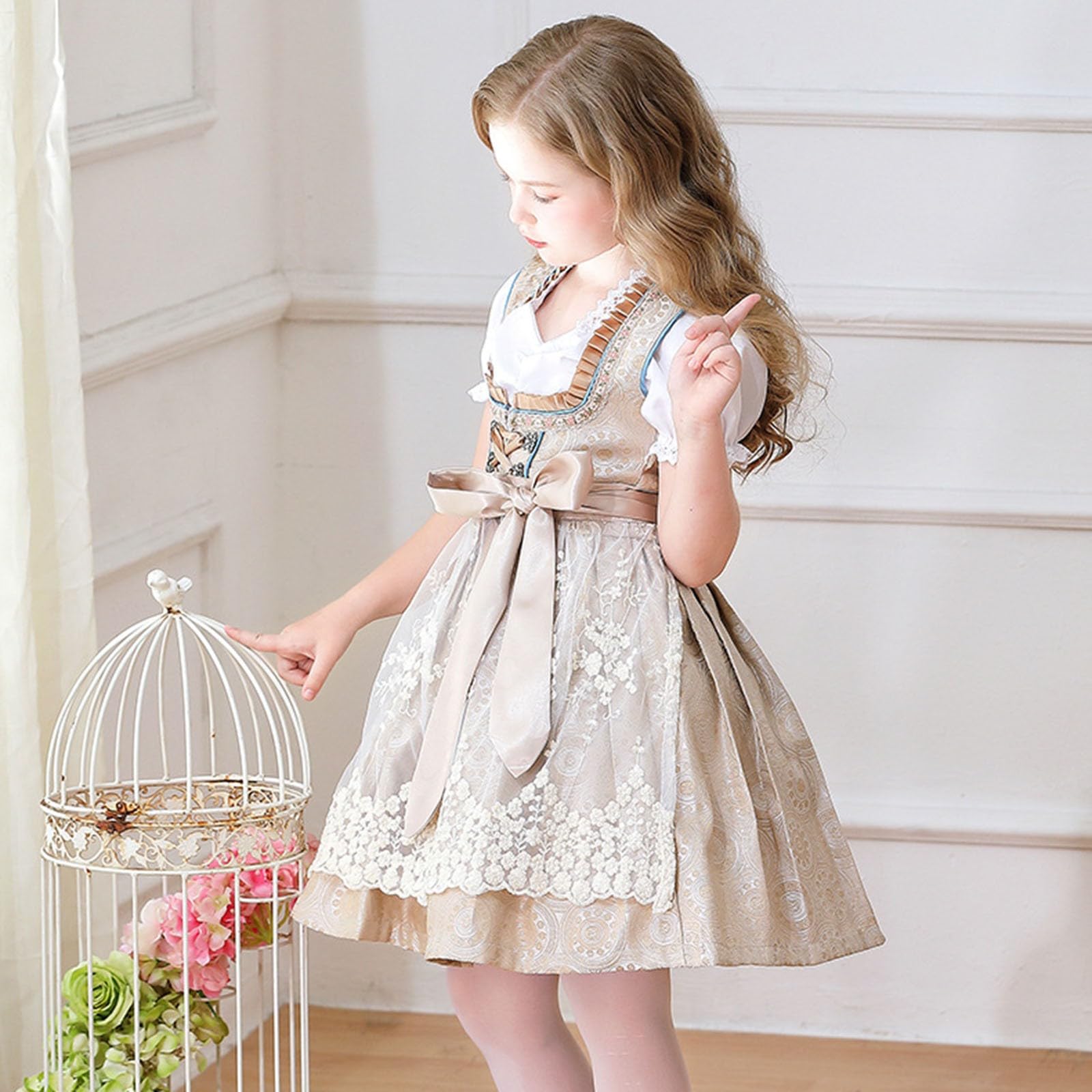 Dirndl Mädchen Midi Oktoberfest Outfit Kinder mit Puff Kurzarm Trachtenkleid Blumen Dirndl Schürze Bayerische Karneval Kleidung Münchner Bierkostüme Deutsche Bierfest Kinderdirndl